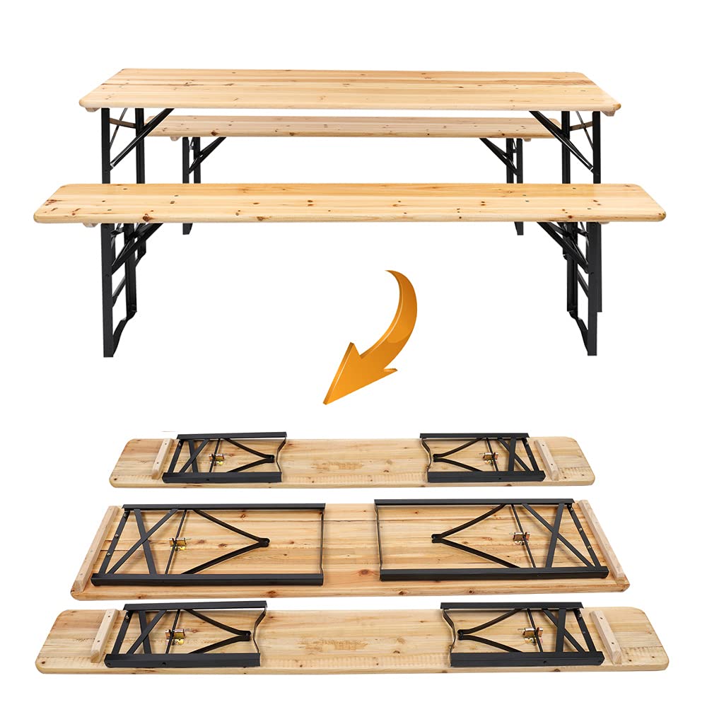 Premium 5.8FT Wooden Folding Picnic Table Set with 2 Benches - Outdoor Camping, Patio, Backyard, Beach Furniture for Parties, BBQs & Family Gatherings - Durable Portable 3-Piece Dining Set (1 Table + 2 Long Benches)