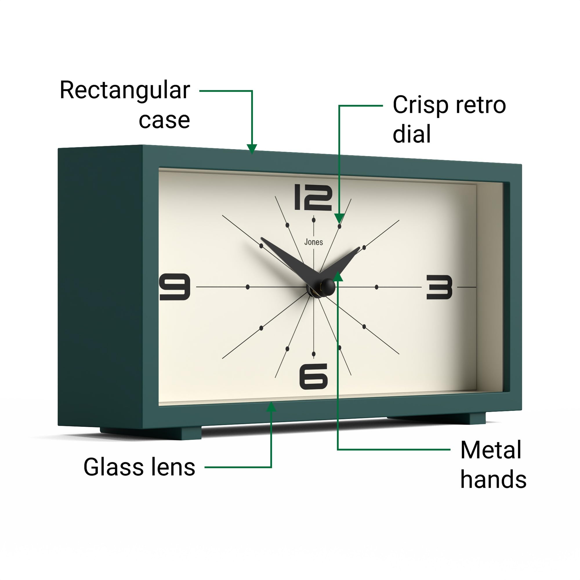 JONES CLOCKS® 'Odeon' Modern Green Rectangular Desk Clock - Stylish Retro Design for Home & Office Decor - Perfect for Shelf, Table, Mantel, Bedside or Gift Giving