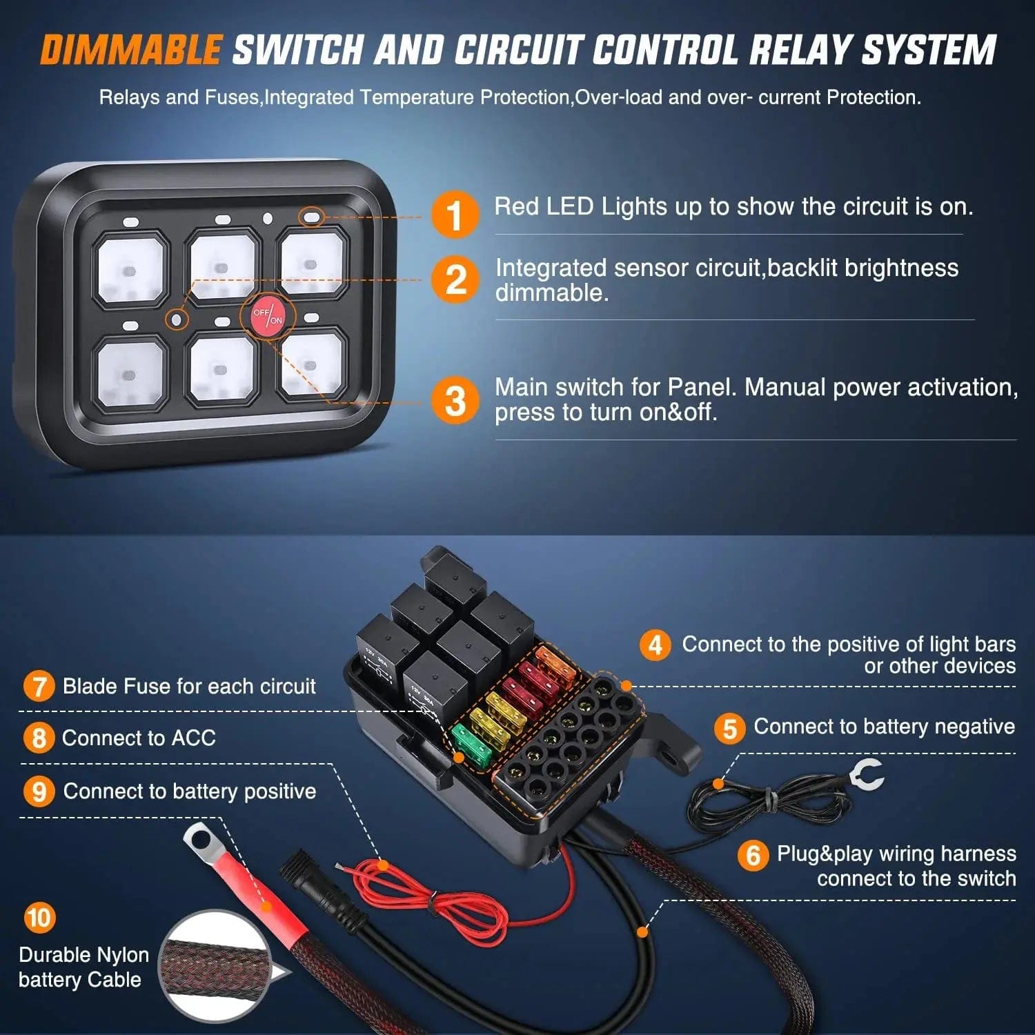 6 Gang Multifunction Blue Rocker Switch Panel System - Marine, RV, Truck & Boat Control Panel for Easy Electrical Management