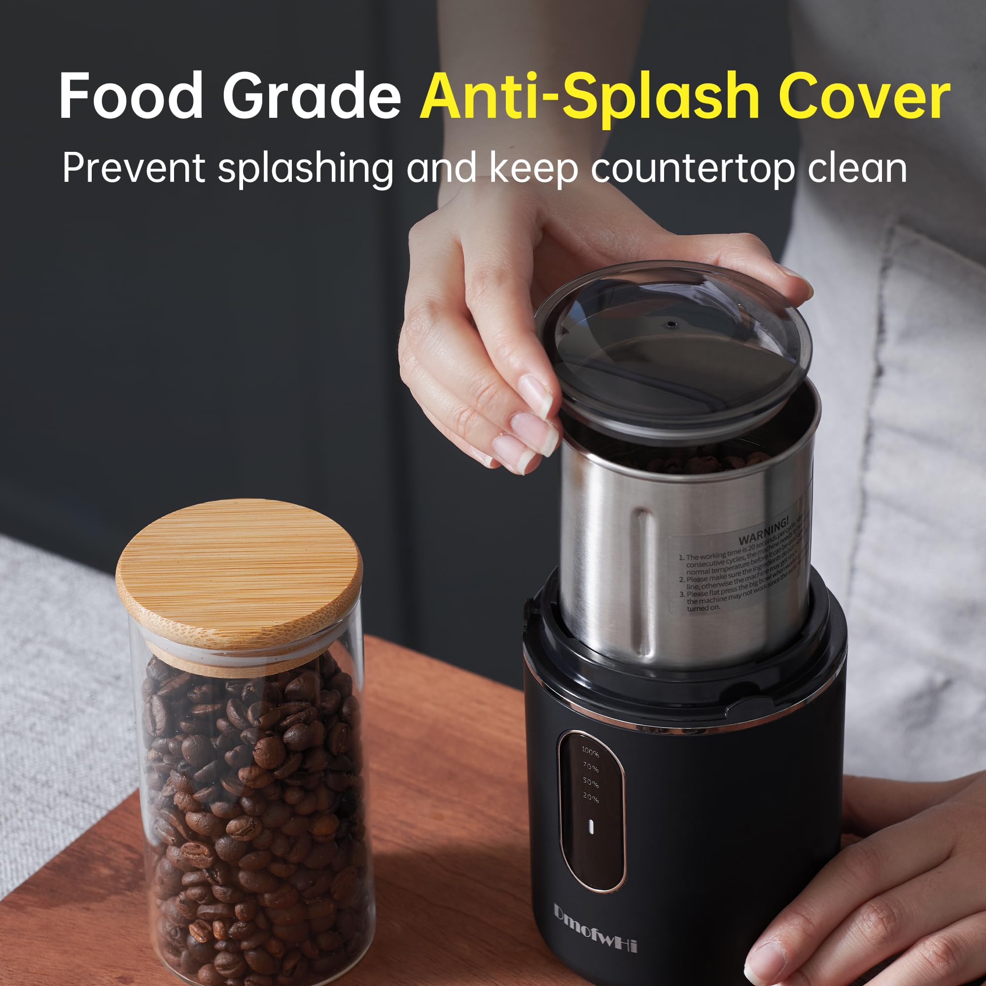 Premium Electric USB Rechargeable Coffee Grinder - 304 Stainless Steel Blade & Removable Bowl for Fresh Ground Coffee - Perfect for Home, Office & Travel Use - Black