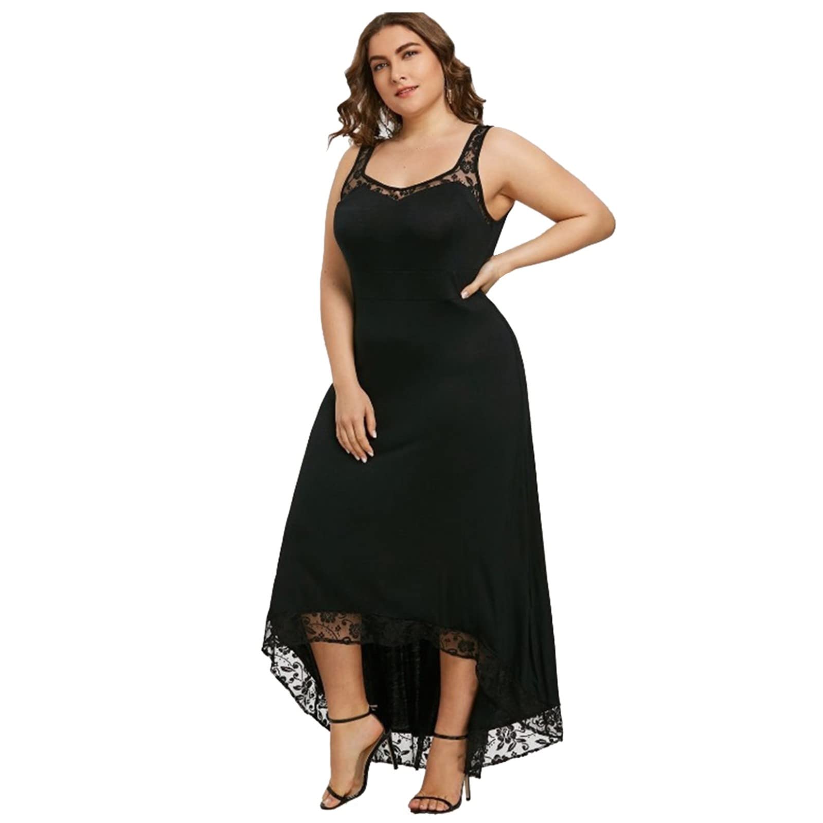 Sexy Women's Bodycon Dress with Lace Neckline & Stitching Hem - Round Neck Solid Color Slip Dress for Summer - Perfect for Parties, Dates & Night Out