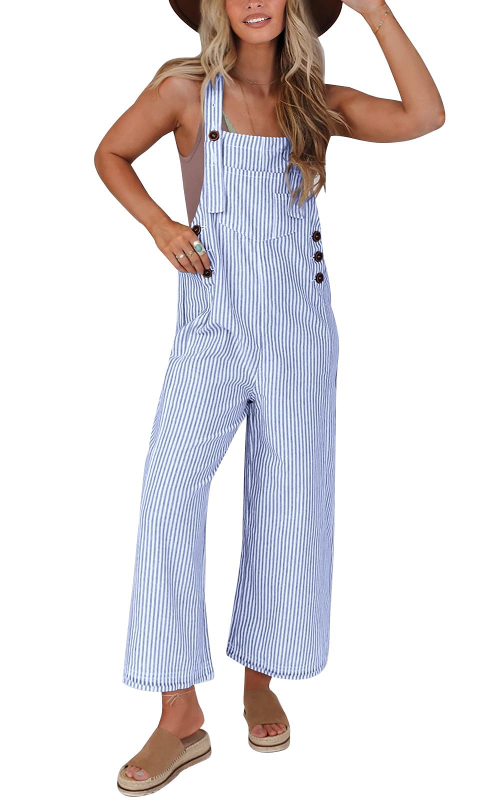 PRETTYGARDEN Women's 2025 Summer Casual Sleeveless Wide Leg Button Front Striped Jumpsuit - Trendy Romper for Beach, Vacation & Everyday Outfits