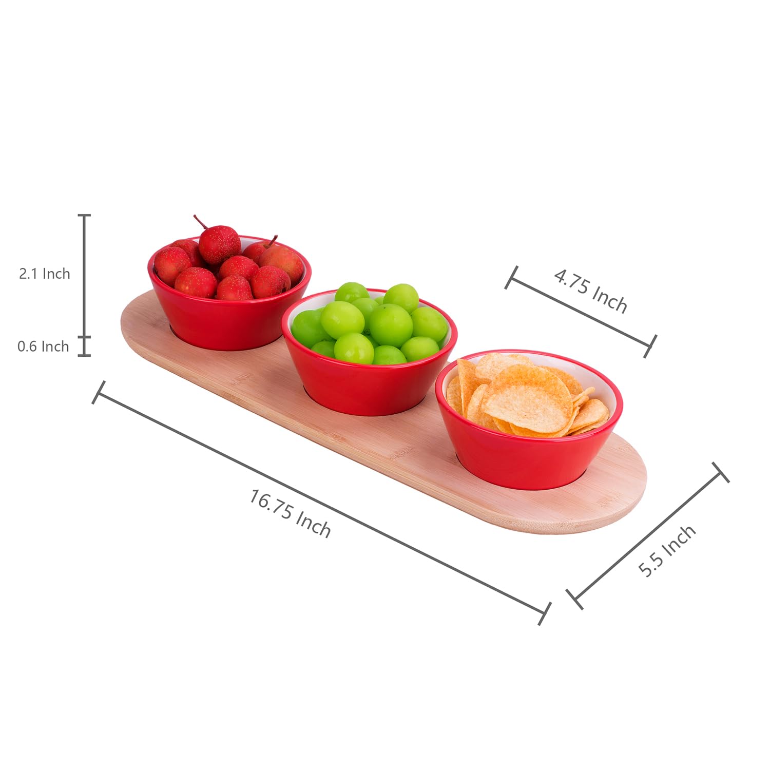 WOWCASE 10 oz Bamboo Wooden Chips and Dip Serving Platters Set - 2-Piece Appetizer Bowls for Snacks, Salsa, Condiments, Berries & Desserts | Perfect for Parties, Entertaining, Game Nights & Family Gatherings (Red)