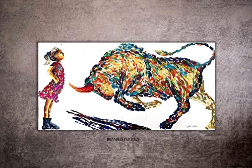 Fearless Girl vs Bull Abstract Oil Painting on Canvas - Wall Street Art Decor, Modern Stock Market Print (20