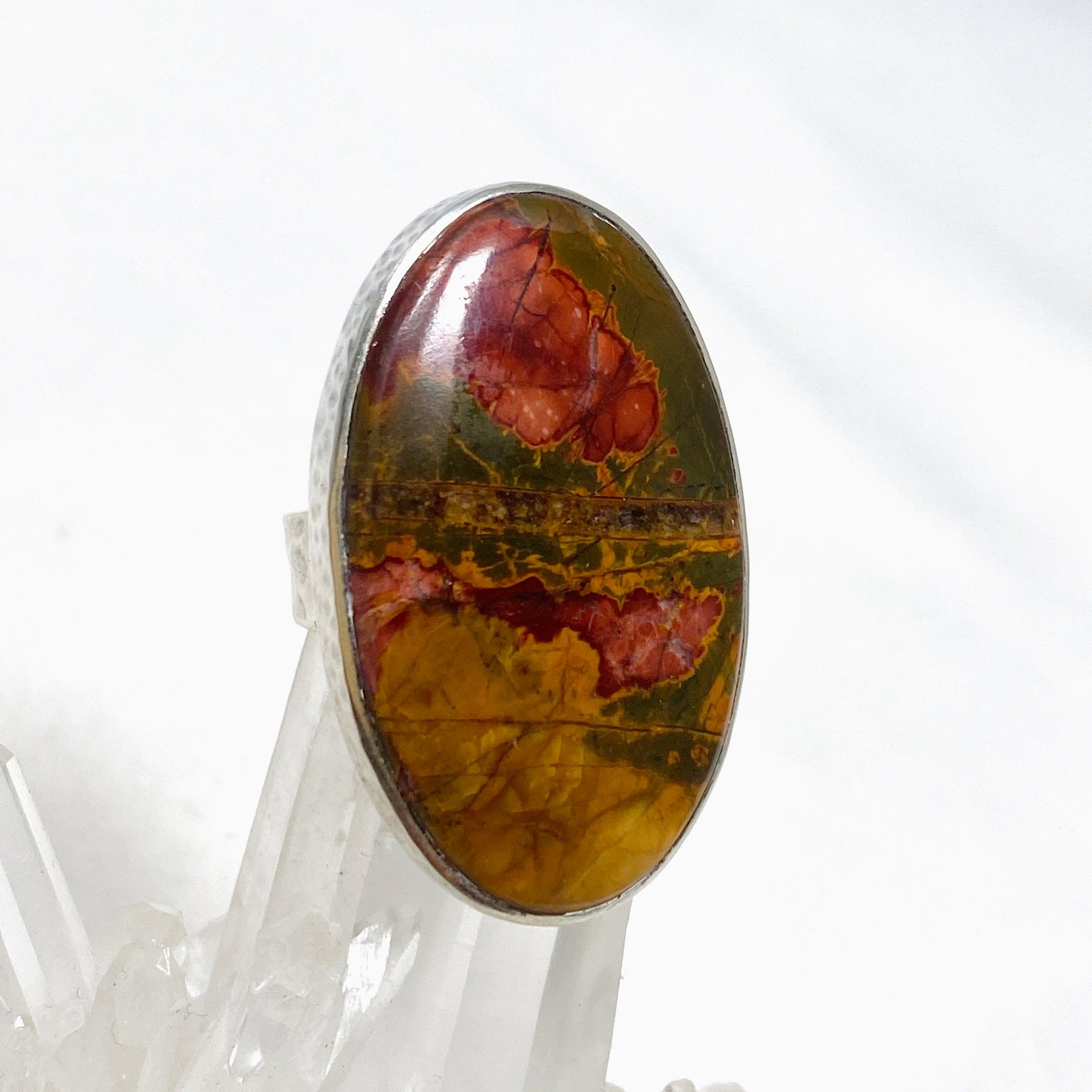 Cherry Creek Jasper Hammered Oval Ring - Size 7, KRGJ1601 - Handmade Boho Jewelry for Women, Perfect for Everyday Wear & Special Occasions