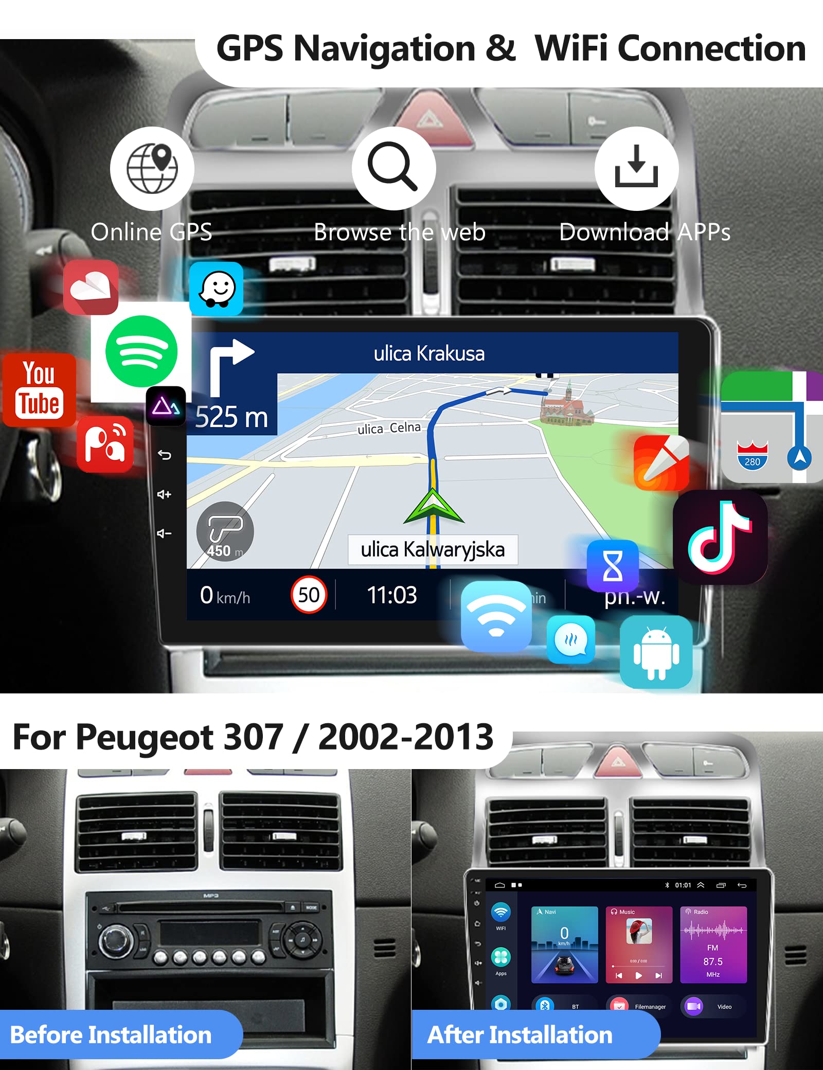 Podofo 9 Inch CarPlay Android Auto Touch Screen Radio for Peugeot 307 (2002-2013) - GPS Navigation, WiFi, Bluetooth, FM RDS, USB - High-Quality Car Stereo Player for Enhanced Driving Experience