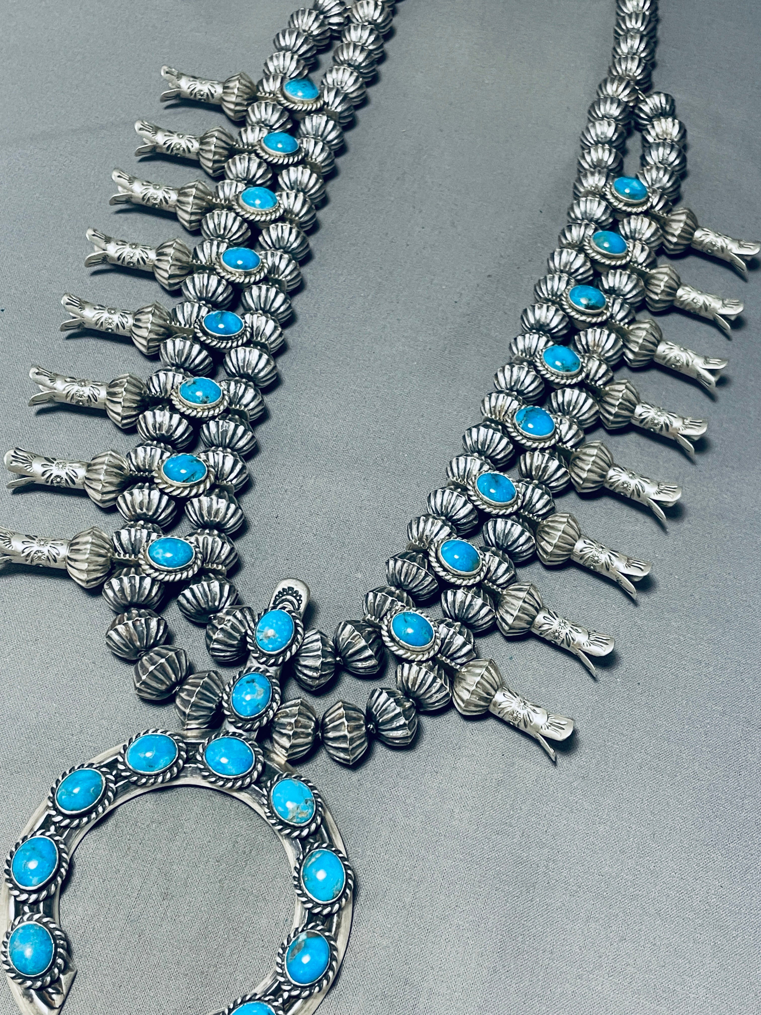 Authentic Navajo Sterling Silver Squash Blossom Necklace with Turquoise - 364g Statement Native American Jewelry for Women - Perfect for Boho Fashion, Weddings & Special Occasions