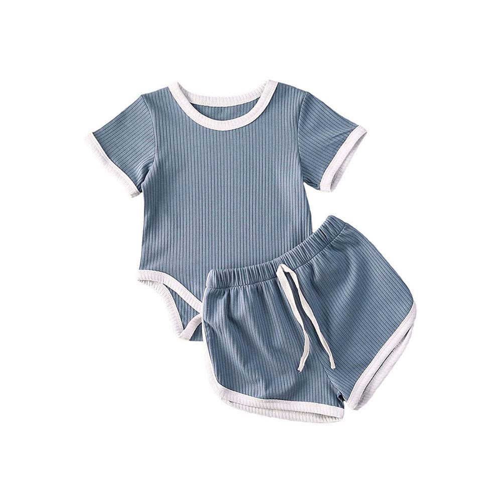 Baby Boys & Girls Ribbed Knit Romper Bodysuit with Drawstring Shorts Outfit Set - Soft Summer Infant Clothes for Playtime & Casual Wear