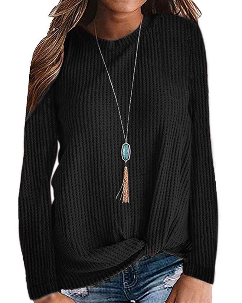 MISFAY Women's Casual Long Sleeve Knit Top with Twist Knot Detail - Soft Waffle Texture Shirt for Everyday Wear, Office Outfits & Fall Layering
