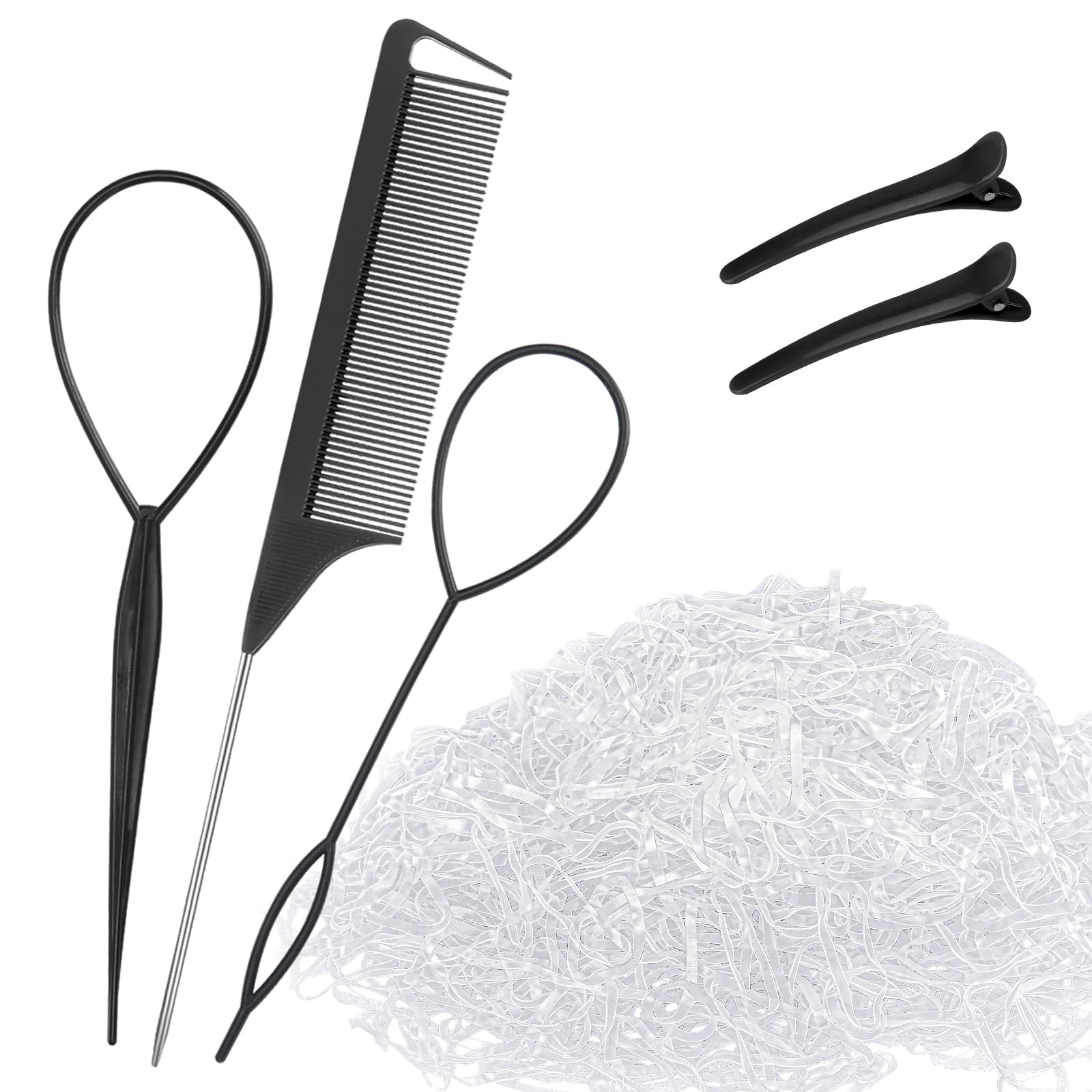 1000pcs Small Clear Hair Elastics with Topsy Turvy Hair Tool, Rat Tail Comb & Duckbill Clips - Ponytail Holders for Toddlers, Girls & Women - Perfect for Braiding, Hair Styling & DIY Hairstyles at Home or Salon