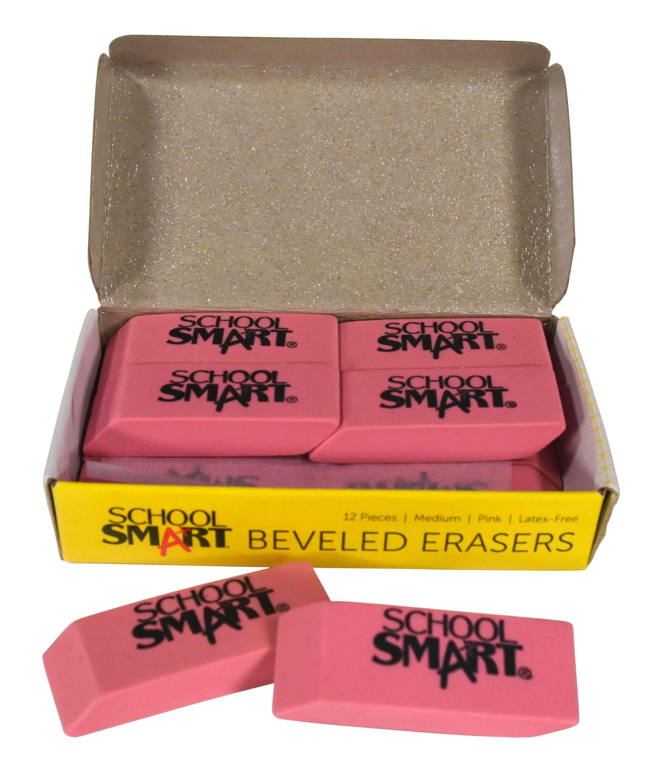 School Smart Beveled Block Erasers - Medium Size, Pink, Pack of 12 - Perfect for Classroom, Office & Art Projects