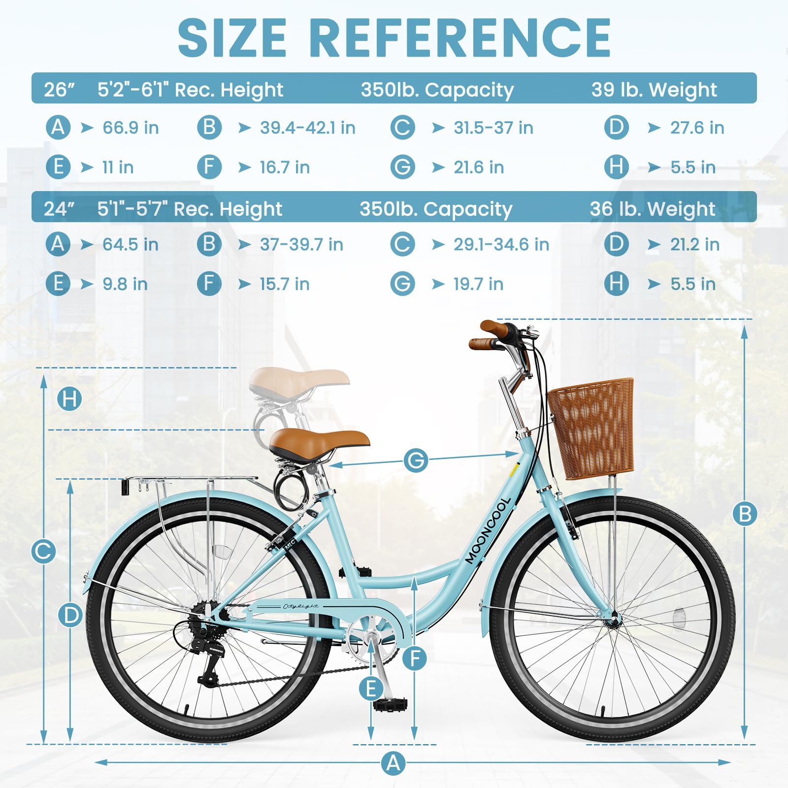 24/26 Inch Women's 7-Speed Cruiser Bike with Basket & Lock - Lightweight City Commuter Bicycle for Ladies - Perfect for Beach Rides, Urban Commuting & Leisure Cycling