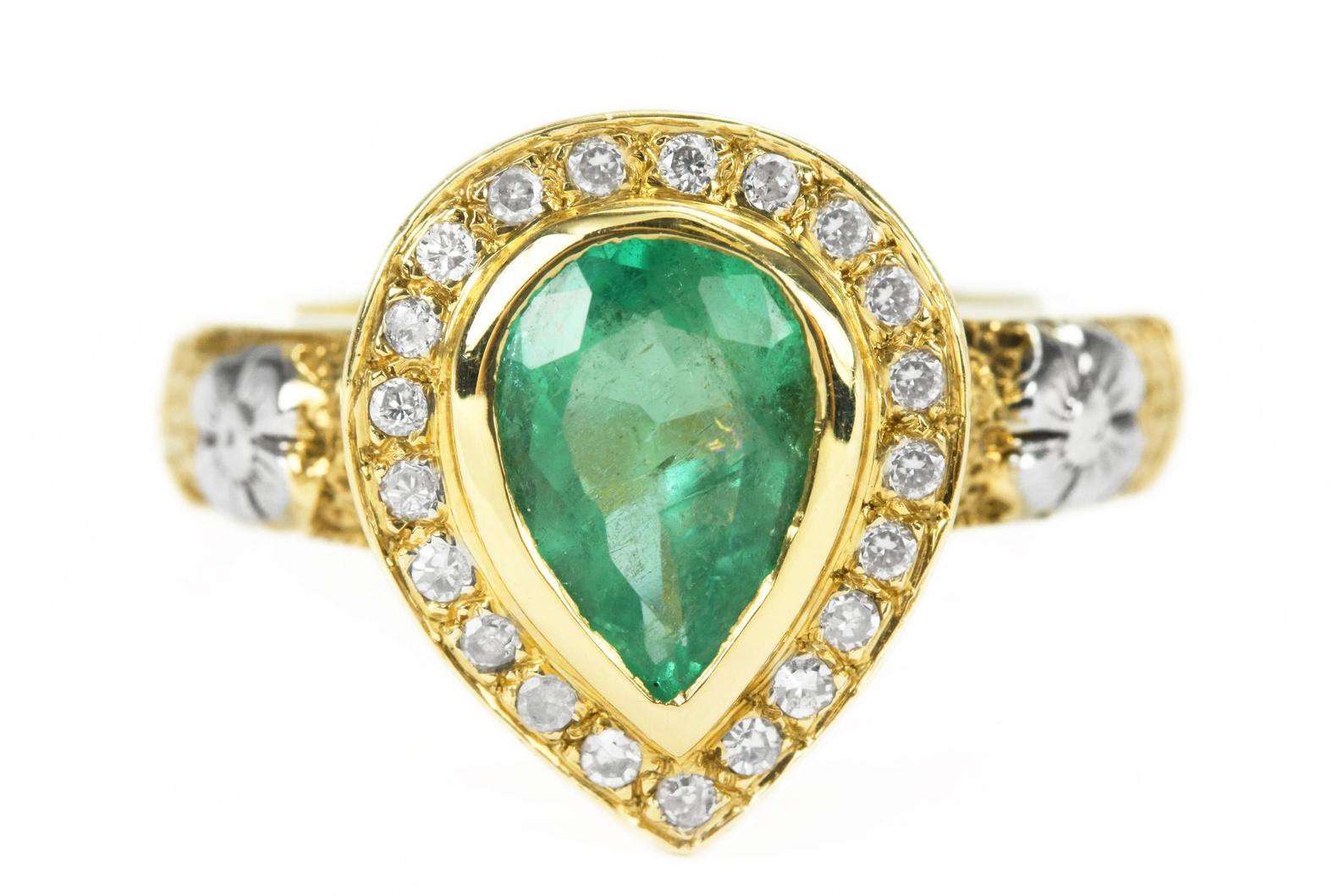 1.95tcw Pear Emerald & Round Diamond Bezel Halo Floral Carved Ring in 14K Gold - Elegant Wedding, Engagement & Anniversary Jewelry Gift for Women