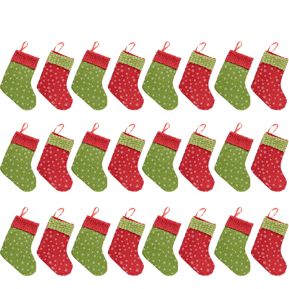QBSM Christmas Mini Stockings - 24 Pack 9 Inch Small Felt Stockings with Snowflake Design | Bulk Holiday Gift & Candy Holder Bags | Rustic Xmas Tree Decorations in Red & Green | Perfect for Christmas Party Favors, Office Gifts & Fireplace Decor