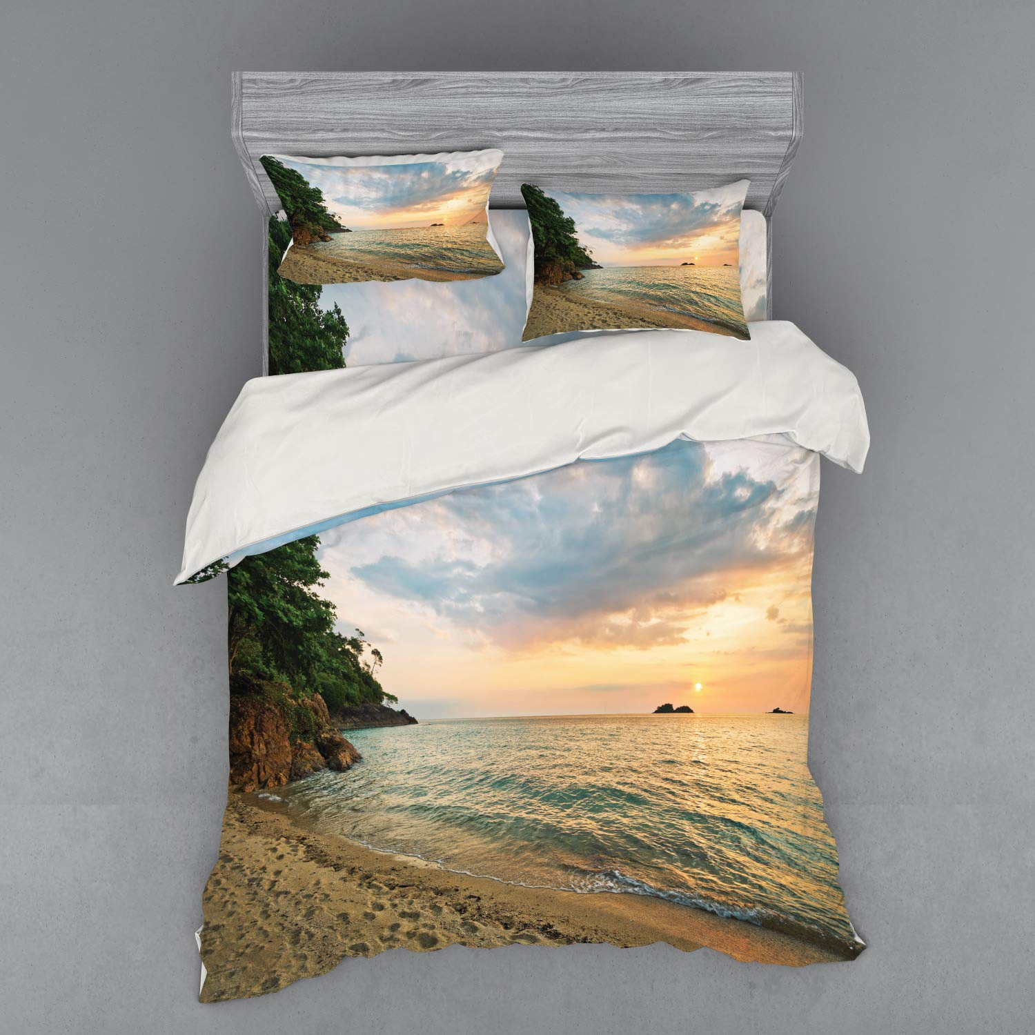 Ambesonne Queen Size 4-Piece Duvet Cover Set with Shams & Fitted Sheet - Tropical Sunset Ocean Landscape Botanical Print Bedding in Turquoise Green Cream Peach - Perfect for Beach House, Coastal Decor & Romantic Bedroom Themes