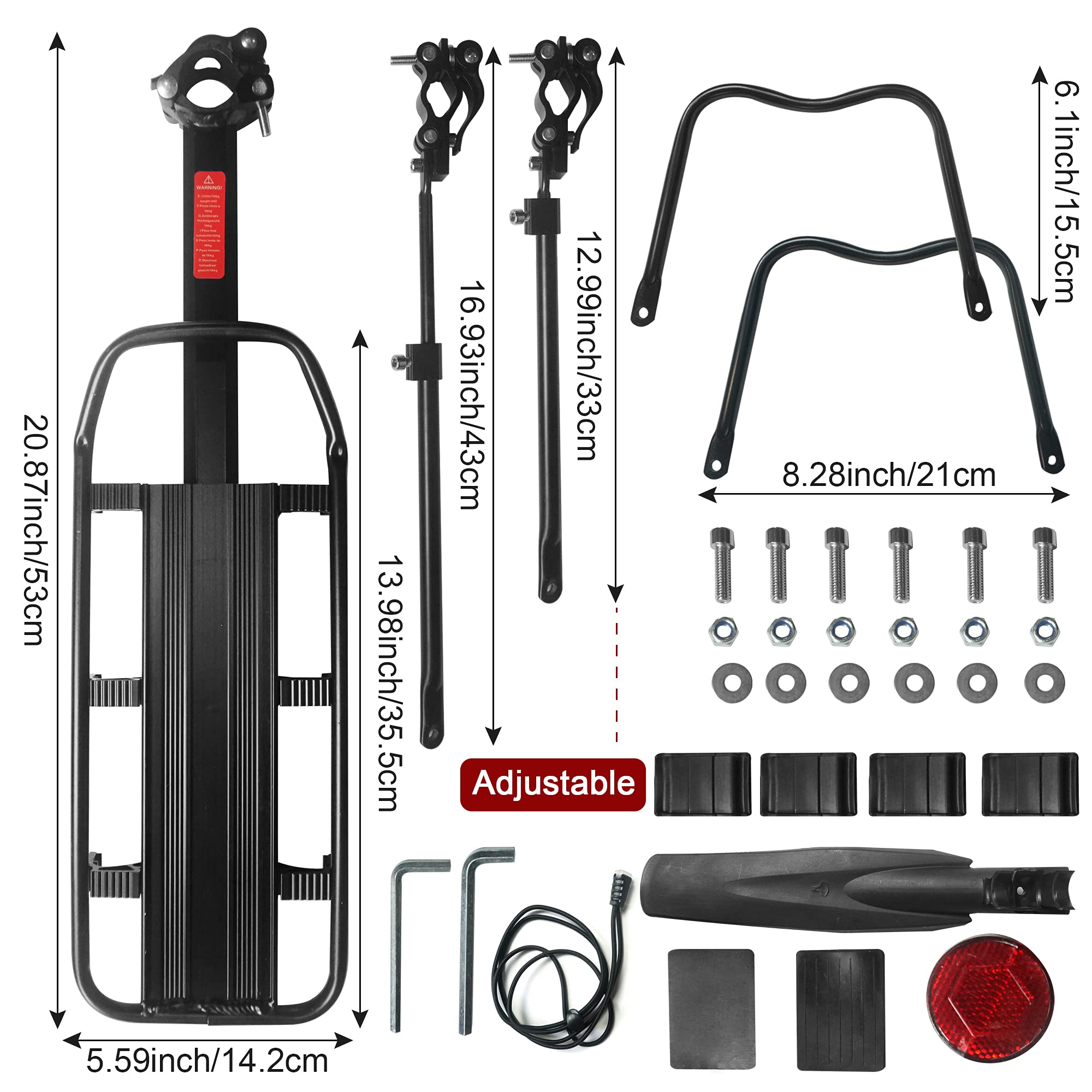 DIRZA Quick Release Adjustable Aluminum Alloy Bike Cargo Rack with Fender - 115 lbs Capacity Rear Bicycle Carrier for Commuting, Touring & Grocery Hauling - Black
