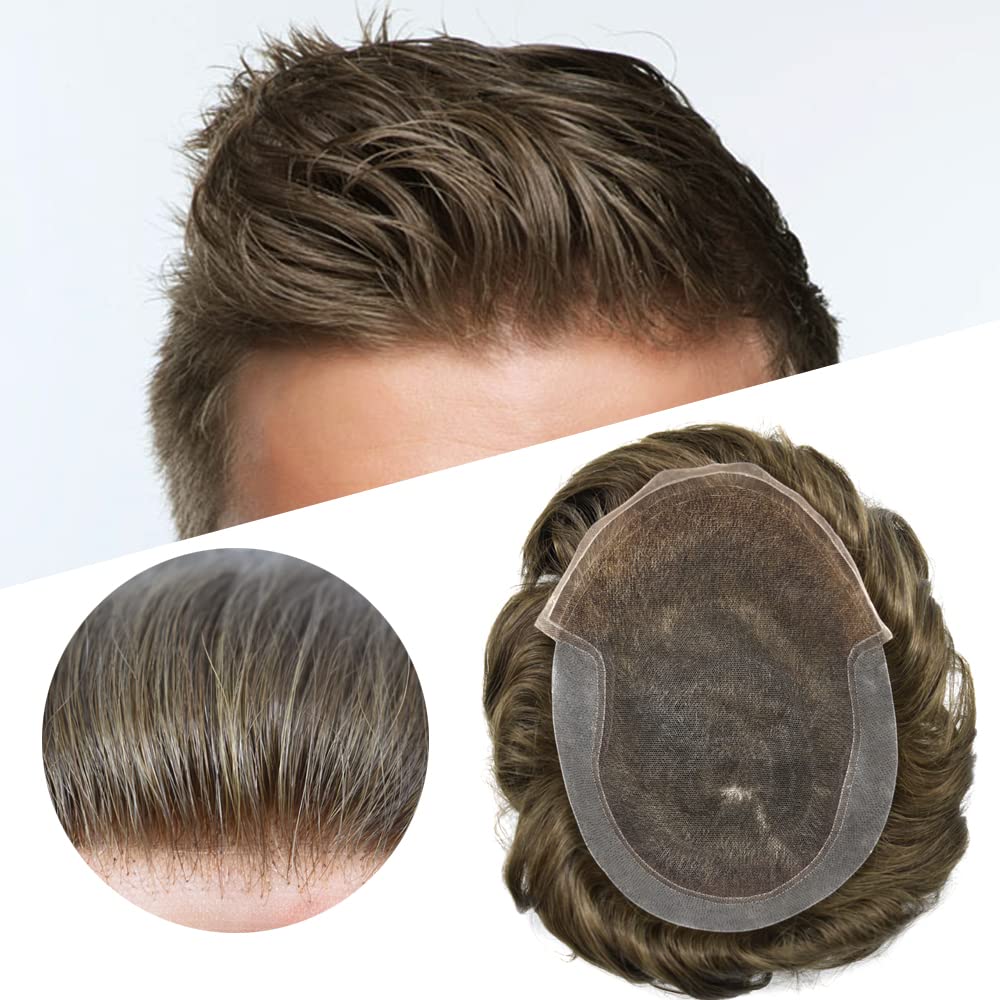 Natural Human Hair Toupee for Men - Swiss Lace Base Hair Replacement System with PU Bleached Knots | 8''x10'' Light Medium Density 5# Medium Light Brown Wig | Perfect for Daily Wear, Special Occasions & Hair Loss Solutions - SINGA HAIR