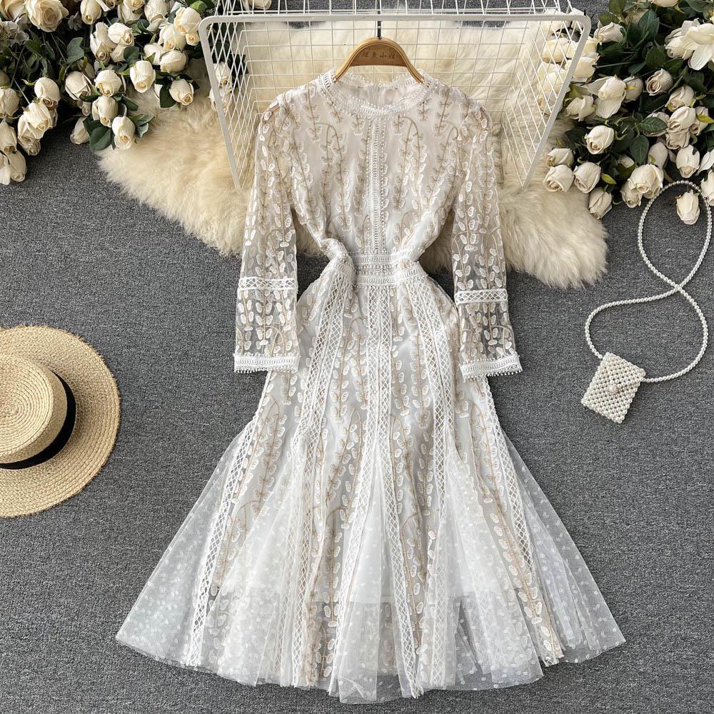 Elegant Long Sleeve Mesh Embroidery A-Line Dress for Women - Perfect for Fall/Winter, Parties & Special Occasions