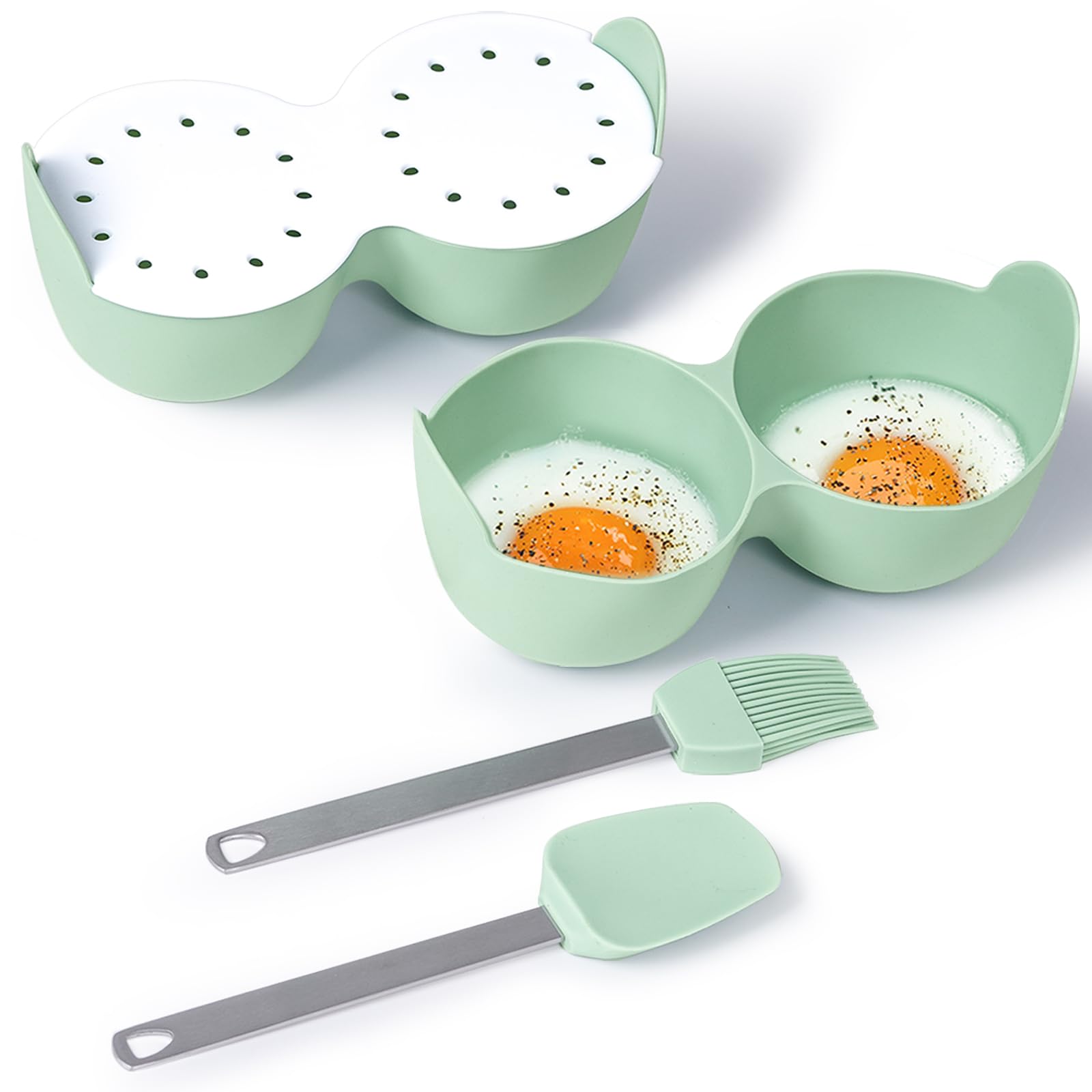 2-Pack Silicone Microwave Egg Poacher Cooker with Lid & Handle - Dishwasher Safe, BPA-Free, Stovetop & Microwave Compatible, Includes Basting Brush & Spatula (Green) - Perfect for Breakfast Meal Prep, Camping & Quick Cooking