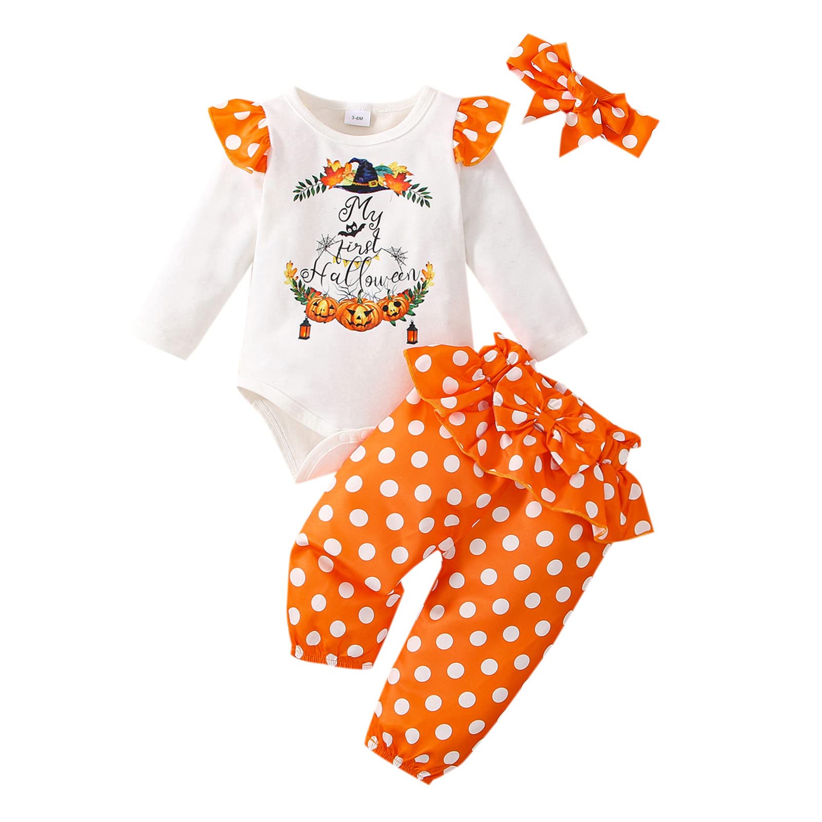 Gaoqi Newborn Baby Girl Halloween Outfit Set - Long Sleeve Romper with Bowknot & Ruffles, Cartoon Print Pants & Headband - Cute Infant Costume for Halloween Parties, Photo Shoots & Dress-Up Play