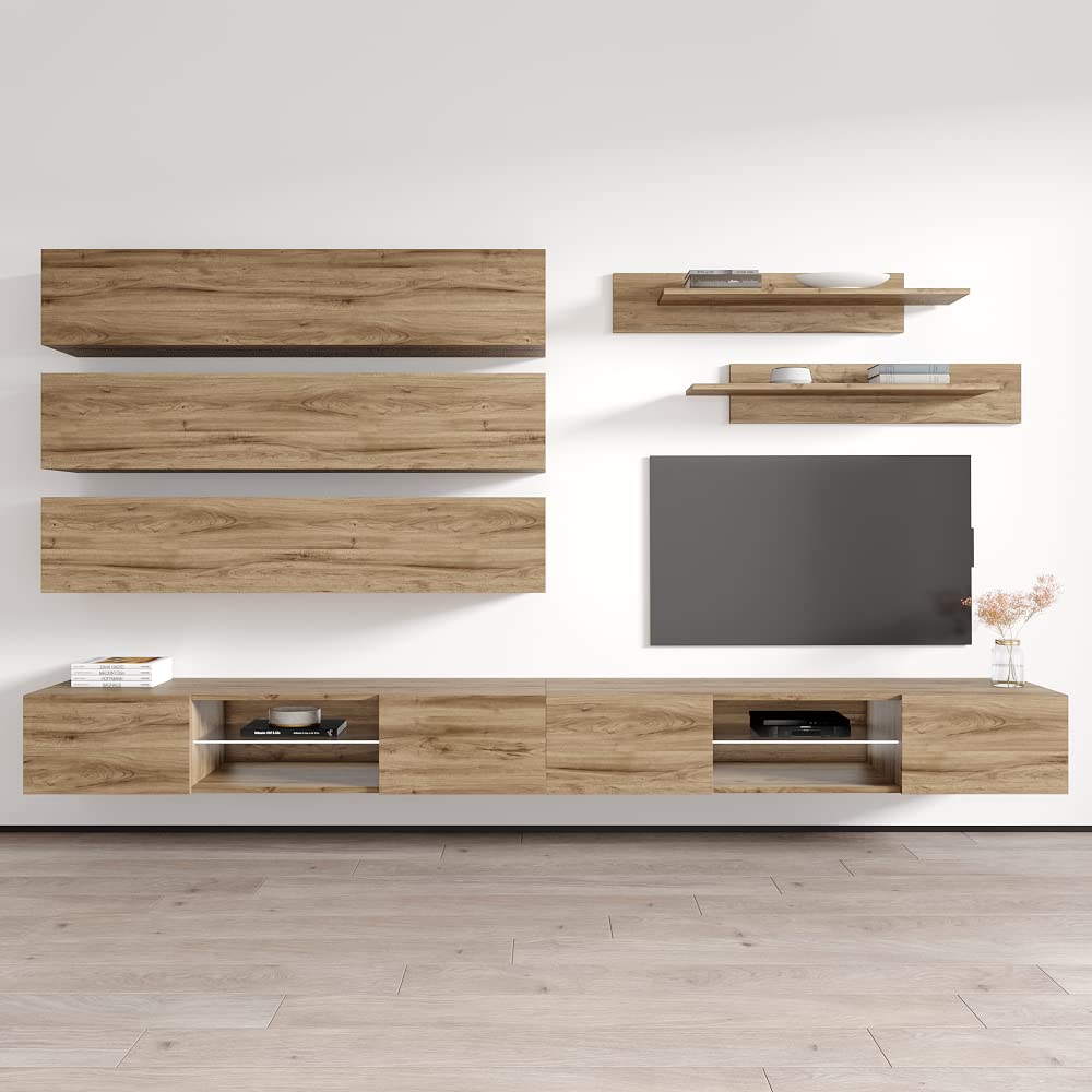 Modern Floating TV Stand with Storage & LED Lights - Wall-Mounted Entertainment Center Console for Bedroom & Living Room - Oak Wood TV Cabinet with Shelves - Perfect for Small Spaces & Home Theater Setup
