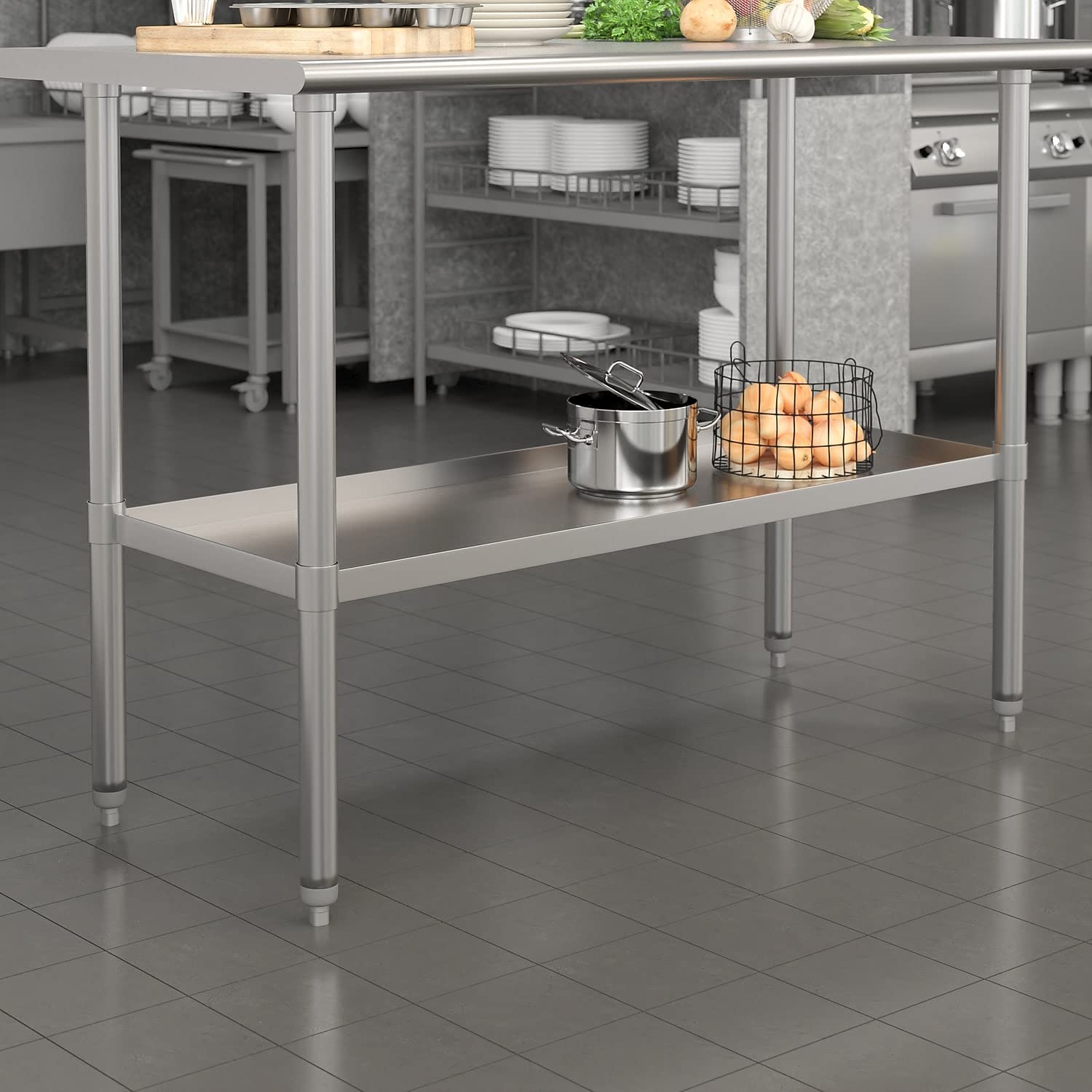 Flash Furniture Adjustable Under Shelf for 24x48 Inch Stainless Steel Work Tables - Galvanized Steel Lower Storage Shelf for Kitchen Prep & Commercial Use - Perfect for Restaurants, Cafes & Food Service Areas