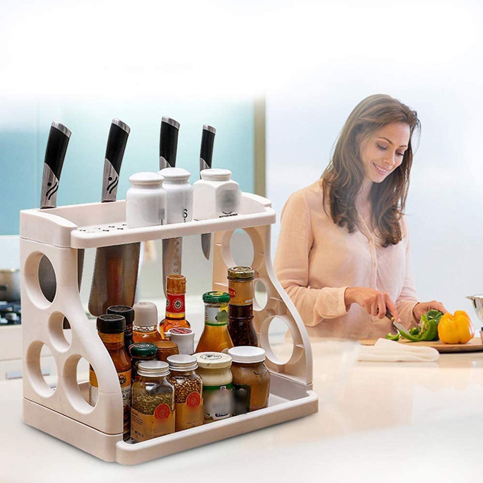2-Tier Spice Rack Organizer - Space Saving Kitchen Countertop Storage for Spice Jars, Bottles & Cans - Free Standing Spice Holder for Pantry, Cabinet or Counter - Perfect for Small Kitchens & Organized Cooking (Pink)