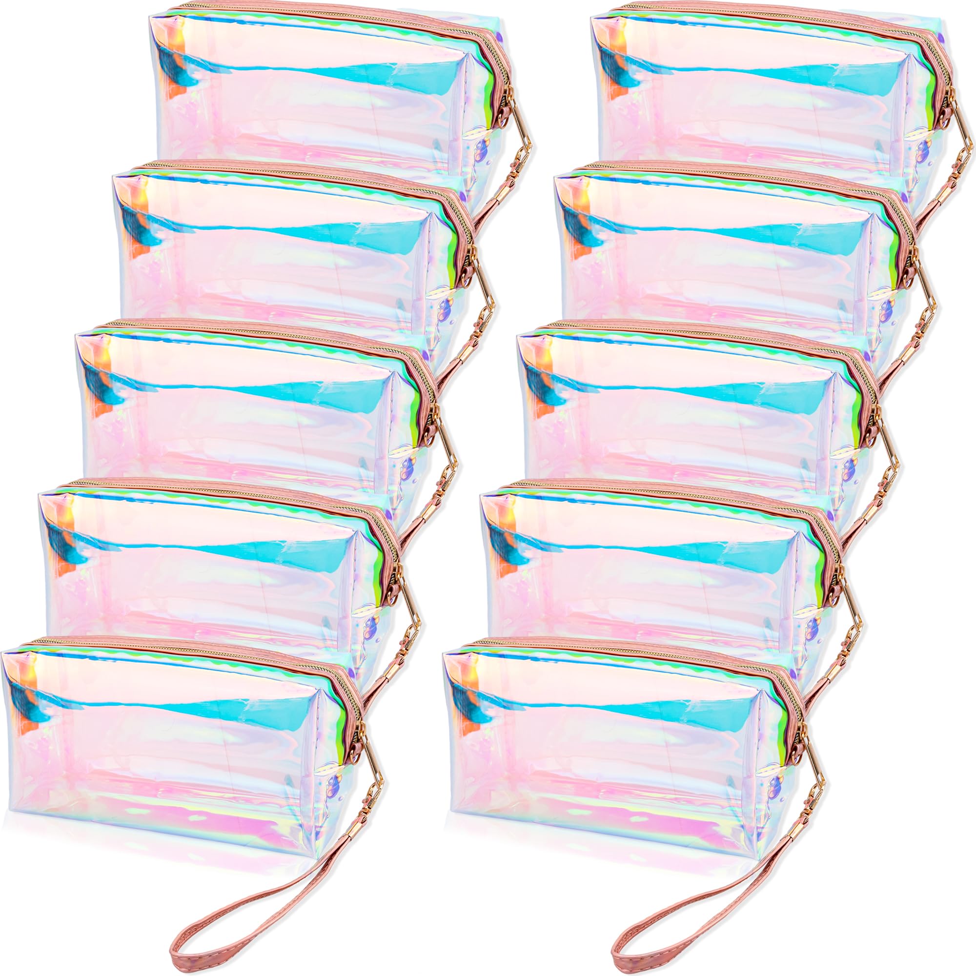 10 Pcs Holographic Clear Makeup Bags - Iridescent Waterproof Cosmetic Organizer with Zipper & Wrist Loop for Travel, Home, Office, Wedding & Bachelorette Party | Perfect for Toiletries, Makeup Storage & Gift Giving