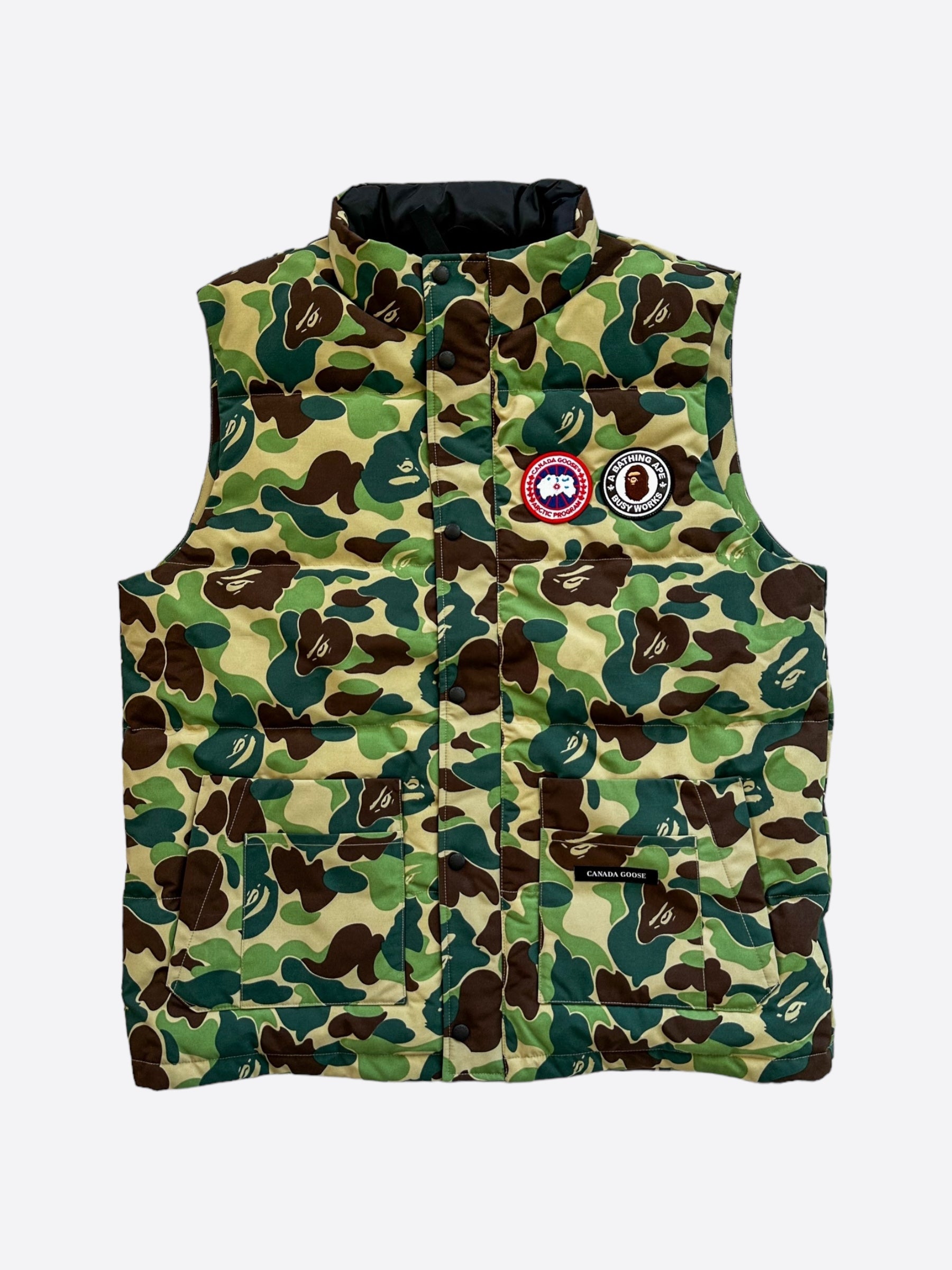 Canada Goose x BAPE Green Camouflage Freestyle Vest for Men - Lightweight Winter Outerwear for Urban Streetwear & Outdoor Adventures