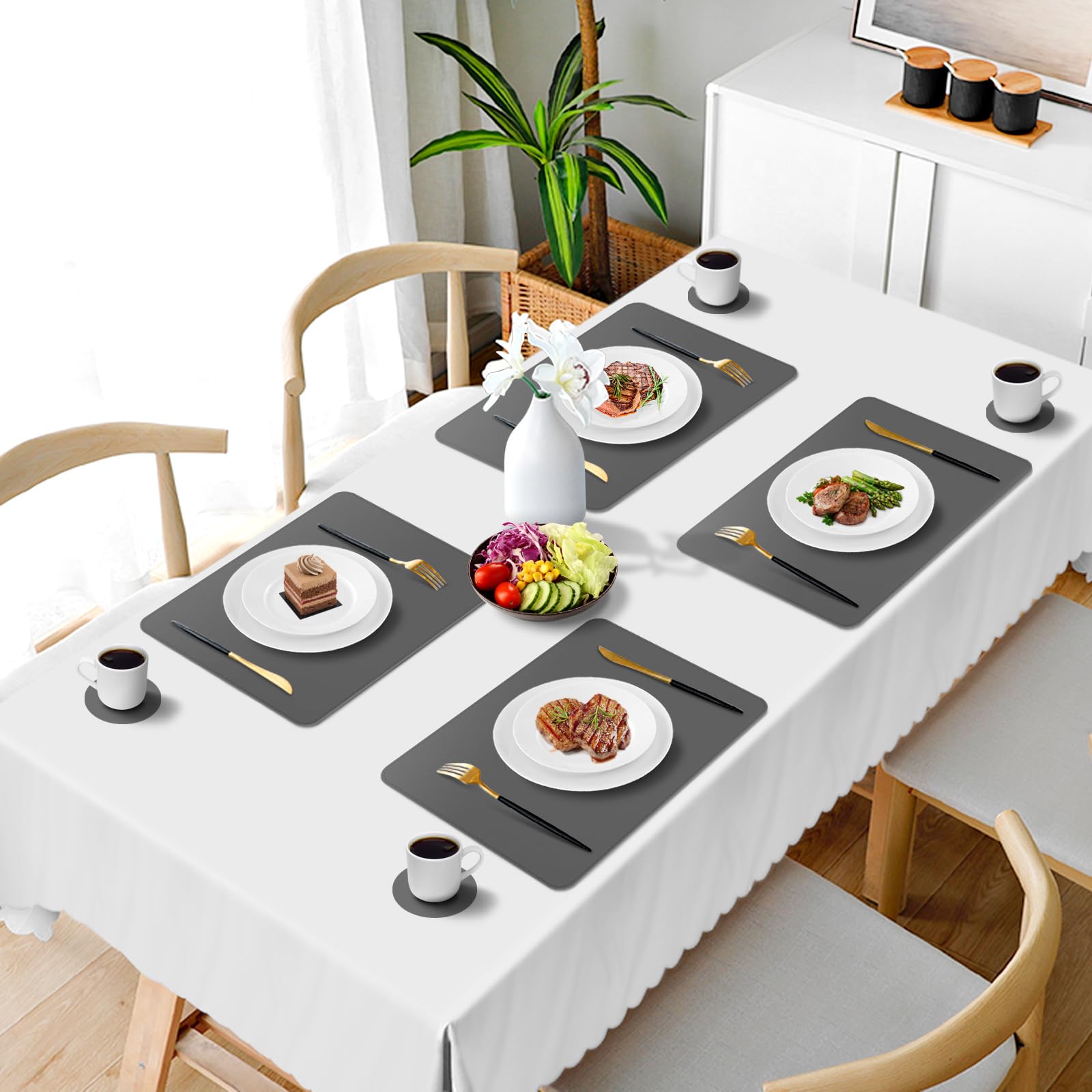 Set of 6 Grey Waterproof Faux Leather Placemats - Heat Resistant & Wipeable Table Mats with Coasters for Kitchen, Dining Room, Outdoor Decor | Perfect for Dinner Parties, BBQs, and Daily Use