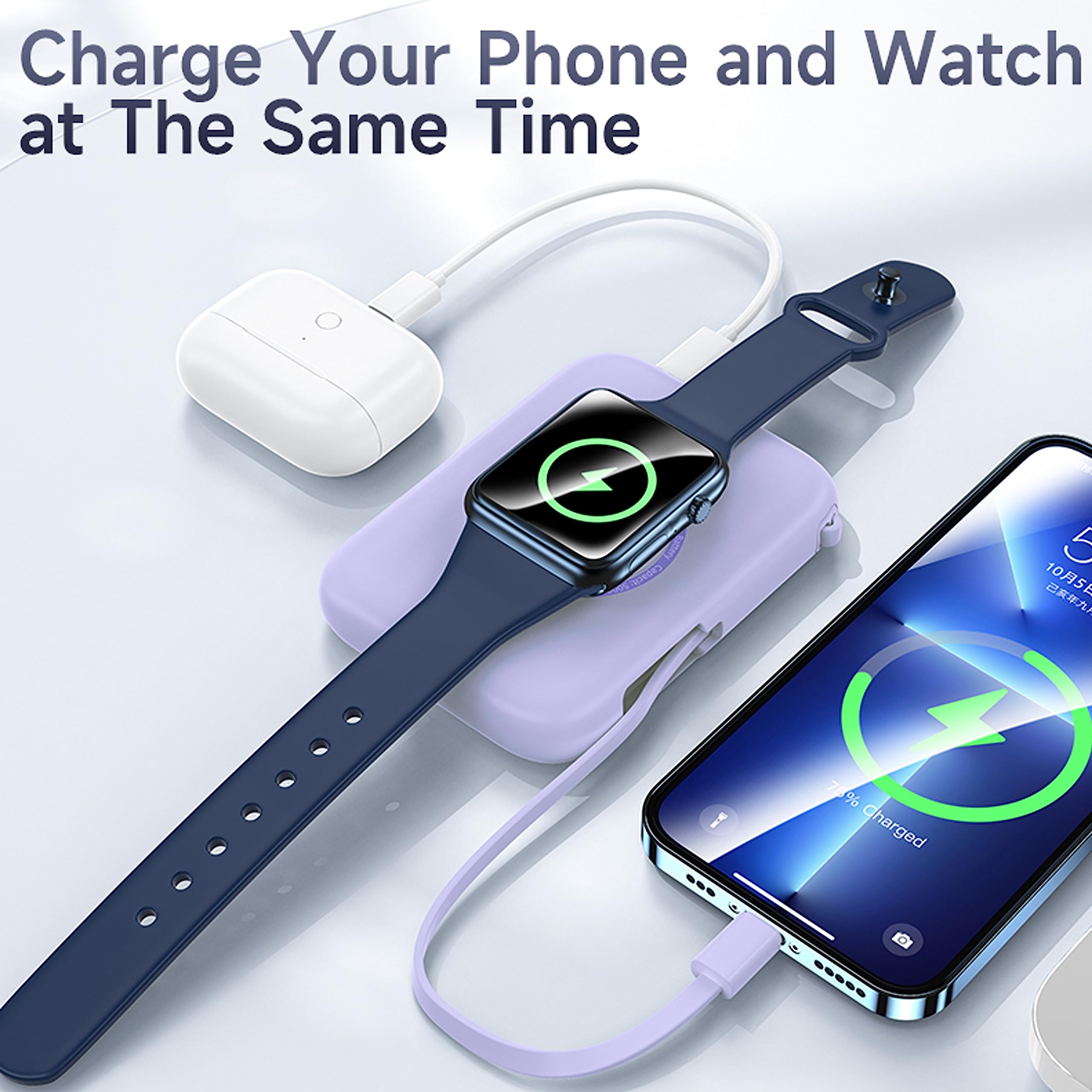 HUOTO 5000mAh Portable Charger with Built-in Cable - Magnetic Power Bank for Apple Watch Series 1-9, iPhone 11/12/13, AirPods & Smartphones | Compact Travel Charger for Gym, Hiking & Business Trips