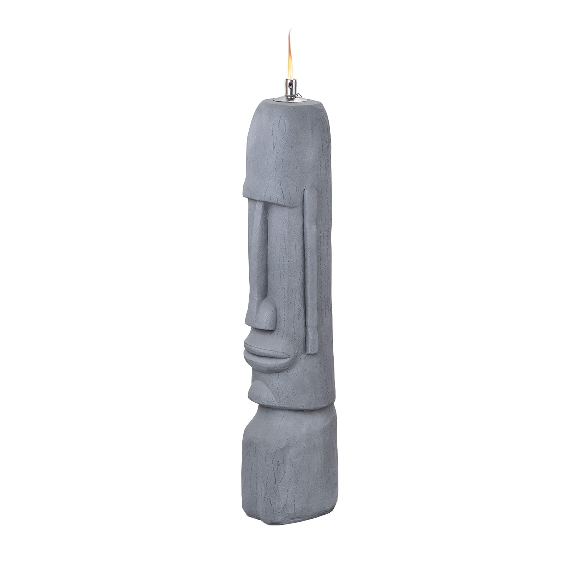 Alpine Corporation DIG282 Gray Cement Moai Head Oil Torch Lamp - Outdoor Tiki Statue for Patio, Garden, and Poolside Decor
