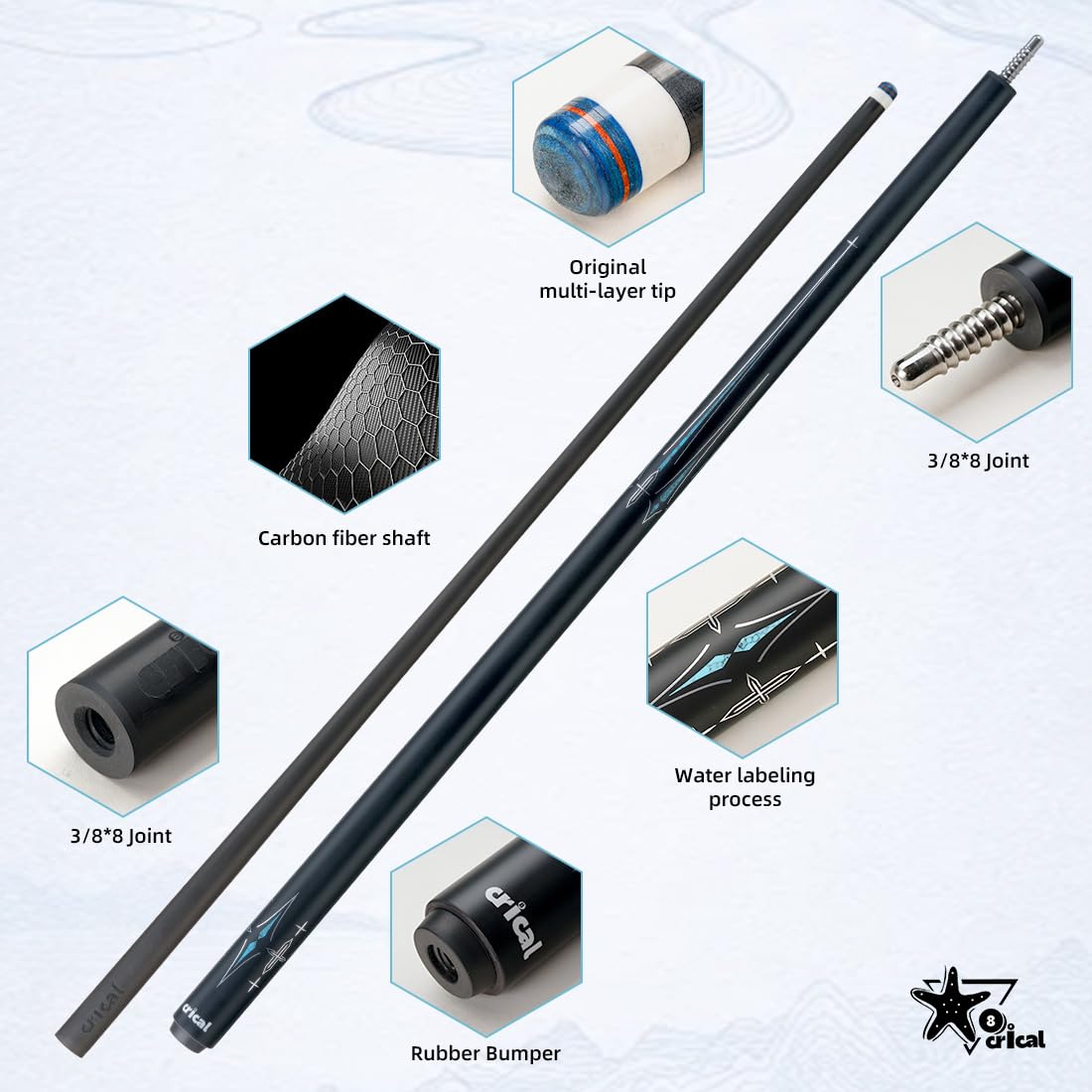 CRICAL 58英寸 Professional Carbon Fiber Pool Cue Stick - Low Deflection Billiard Cue with 3/8*8 Pin Joint & 12.5mm Tip for Tournament Play and Home Pool Tables