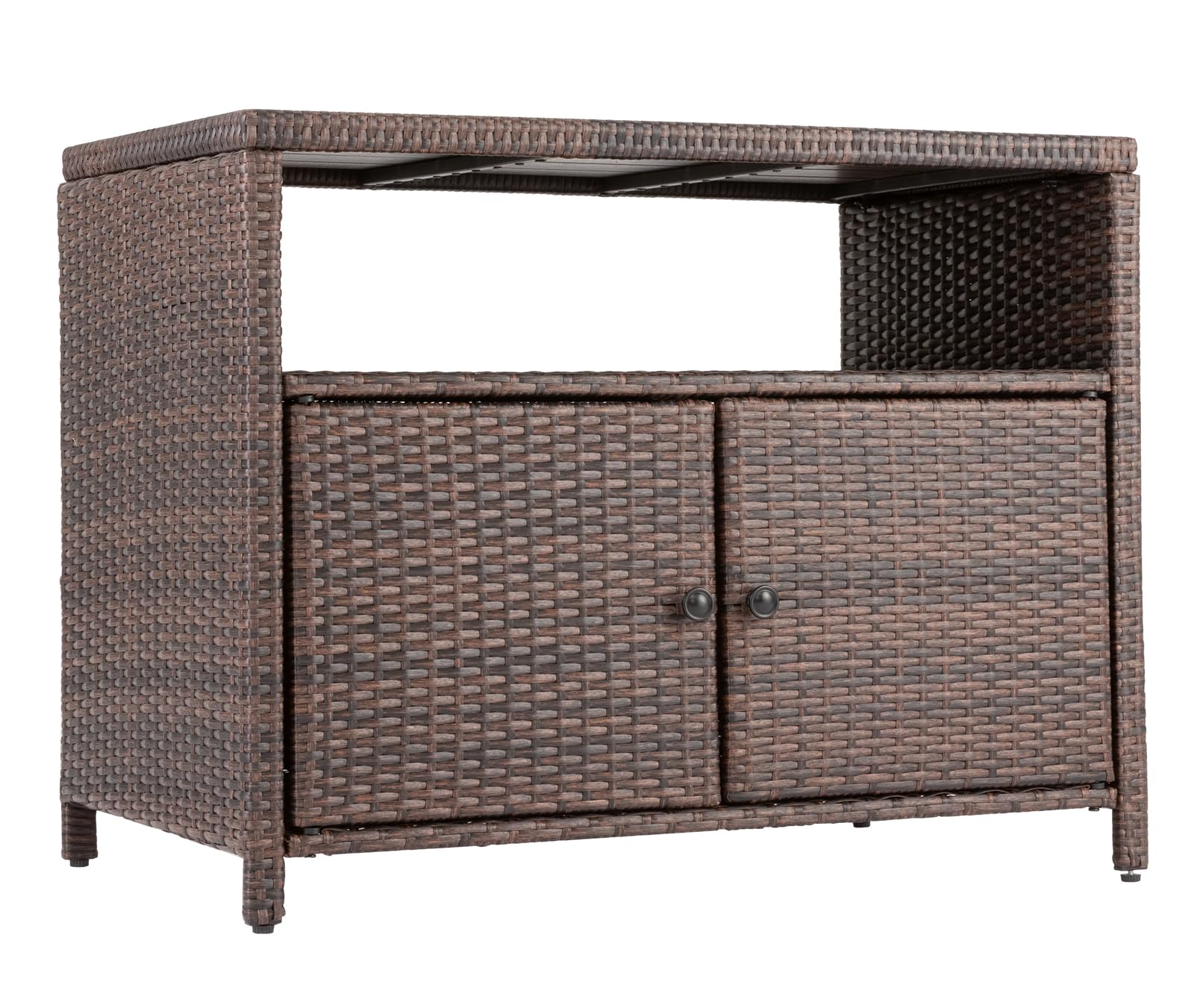 Durable Wicker Rattan Outdoor Storage Cabinet with 2 Doors & Shelves - Waterproof Polystyrene Top for Patio, Pool, Garden, Kitchen & Indoor Use - Perfect for Organizing Cushions, Toys & Gardening Tools (Brown)