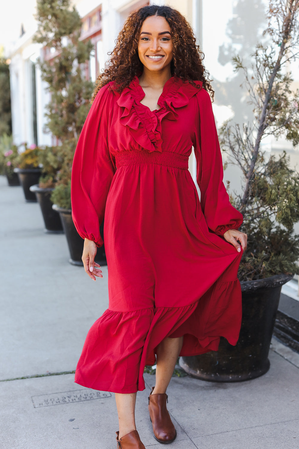 Elegant Holiday Red Overlap Ruffle V-Neck Midi Dress for Women | Christmas Party, Cocktail Event & Special Occasion Outfit