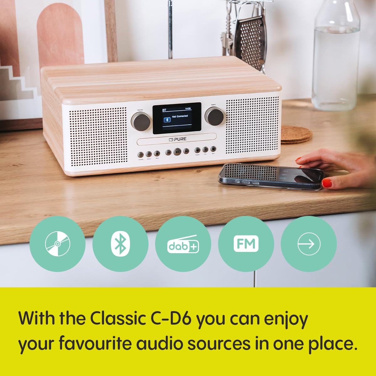 Pure Classic C-D6 Music System - CD Player with DAB+/FM Radio, Bluetooth, AUX & USB Connectivity, Alarm & Sleep Timer in Cotton White/Oak - Perfect for Home, Office & Bedroom Entertainment