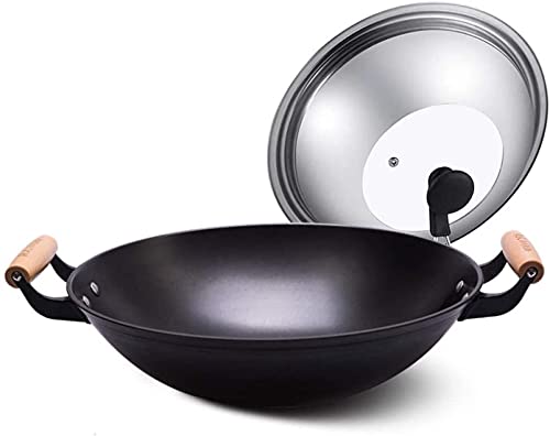 Maverick 34cm Cast Iron Wok Pan - Traditional Double Handle Uncoated Non-Stick Chinese Stir Fry Skillet - Perfect for Gas Stove Cooking, Stir Frying, Deep Frying & Asian Cuisine