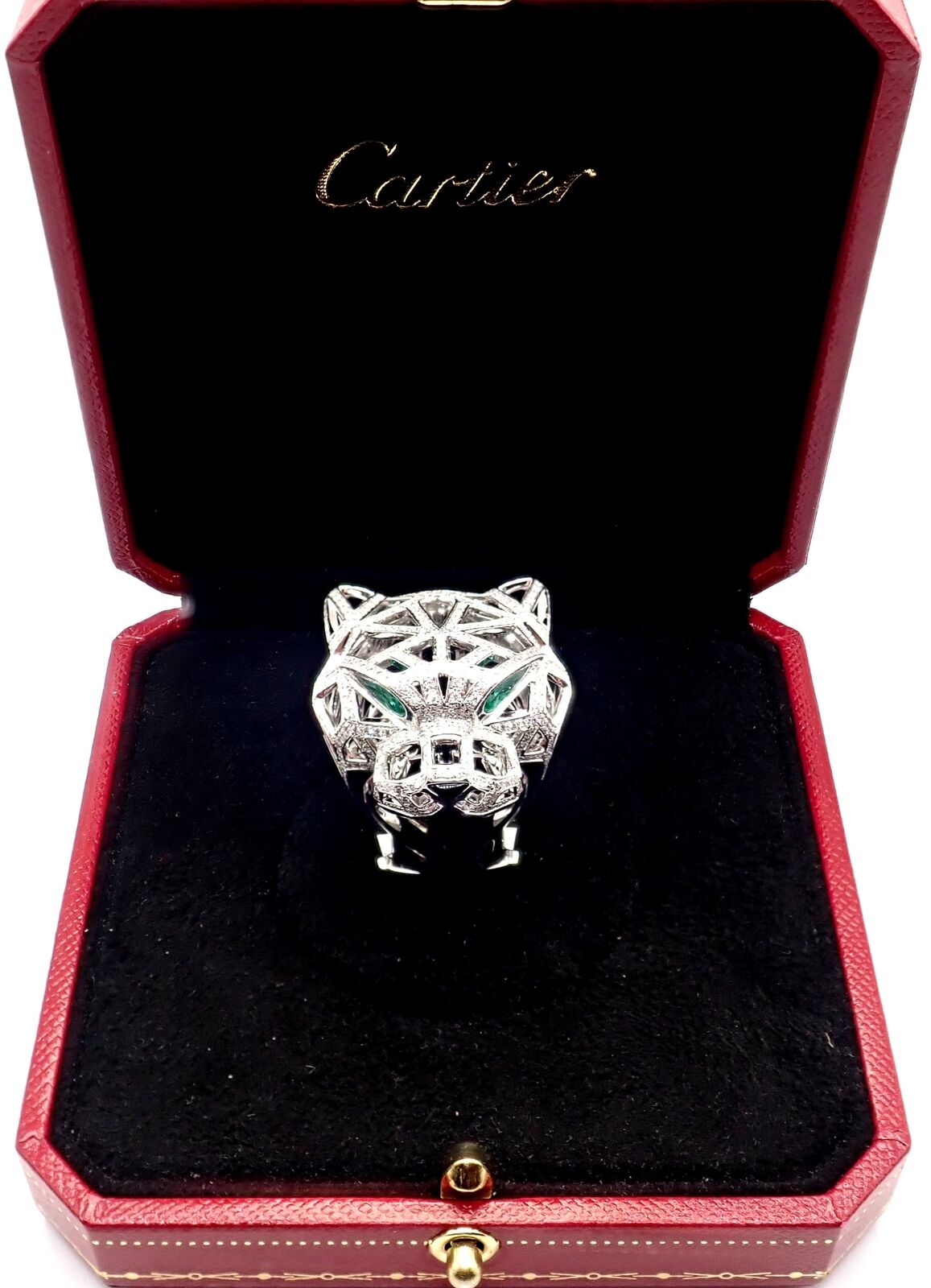 Cartier Panther Panthere 18k White Gold Emerald & Diamond Ring Size 54 - Luxury Jewelry for Women, Elegant Gift for Anniversary & Special Occasions
