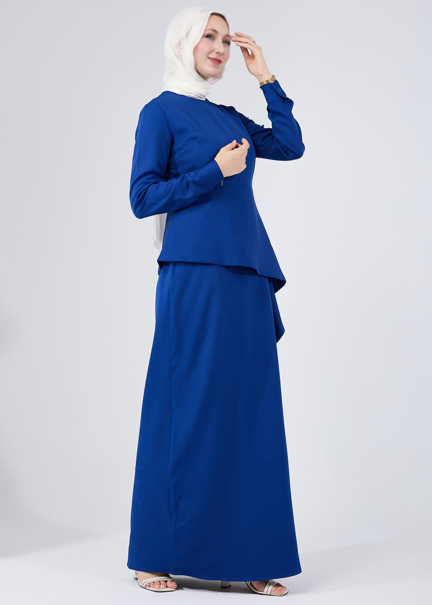 Raneem Asymmetric Peplum Long Sleeve Maxi Dress in Royal Blue | Women's Elegant Evening Gown for Parties, Weddings & Special Occasions