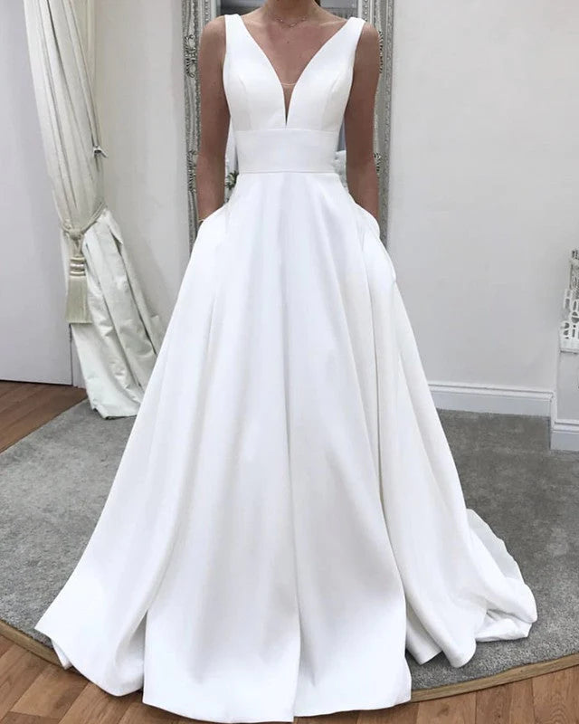 Elegant Satin Minimalist Wedding Dress - A-Line V-Neck Sleeveless Gown with Hidden Pockets | Perfect for Beach, Garden & Outdoor Ceremonies