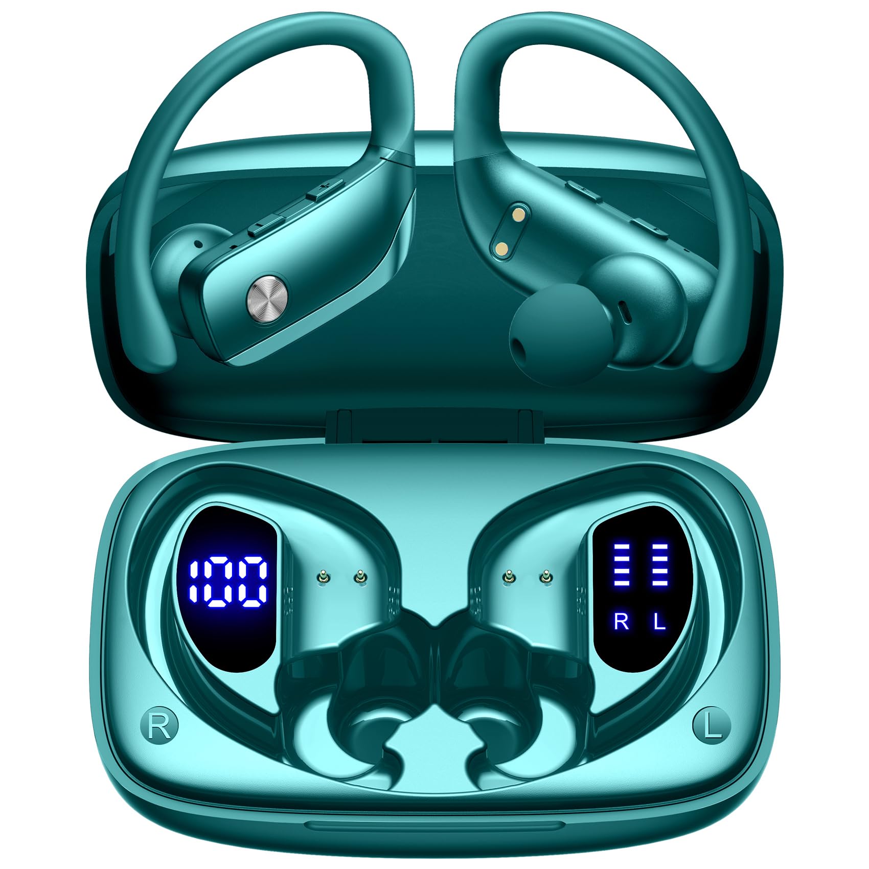 **bmani Wireless Bluetooth Earbuds - 48H Playtime, LED Display, Earhooks, Built-in Mic - Sport & Workout Headphones for Running, Gym, Travel (Green)**