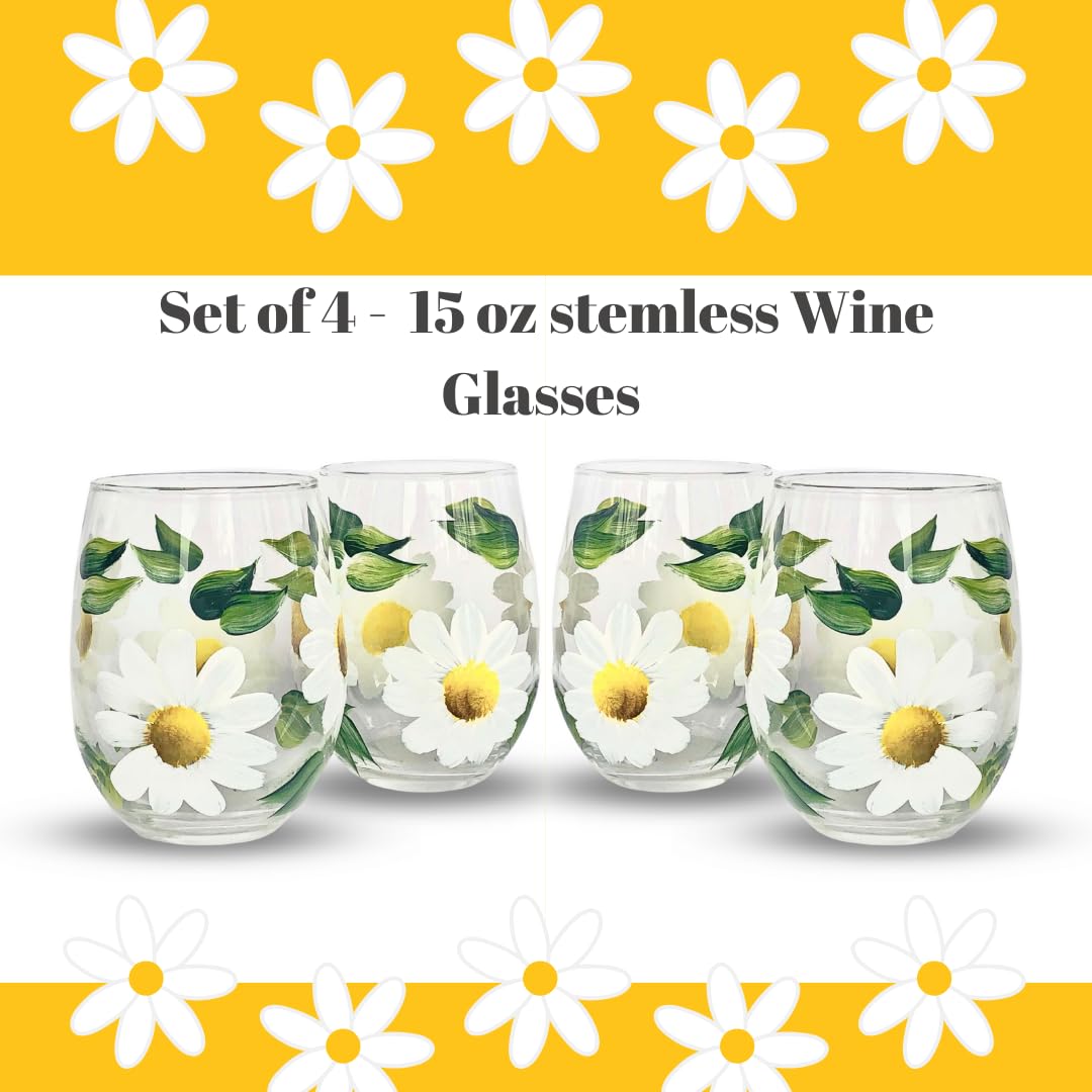 Handpainted Daisy Stemless Wine Glasses Set of 4 - 15oz Floral Glassware for Women, Birthday Gifts for Her, Best Friend Gift Idea - Perfect for Wine Tasting, Bridal Showers, and Home Decor
