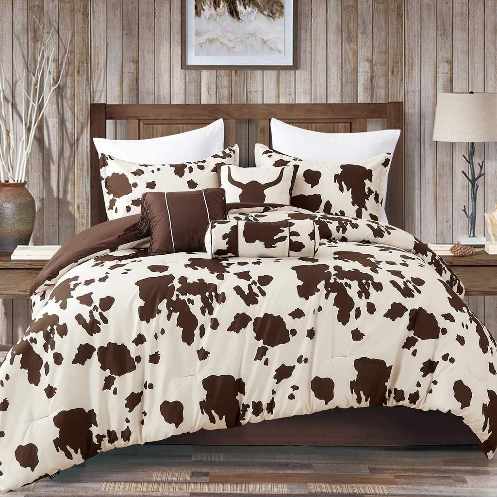 Rustic Cowhide Brown Cow Skull Comforter Set - 6 Piece Queen Size Bedding for Western & Farmhouse Decor | Perfect for Ranch, Cabin, or Southwestern Style Bedrooms