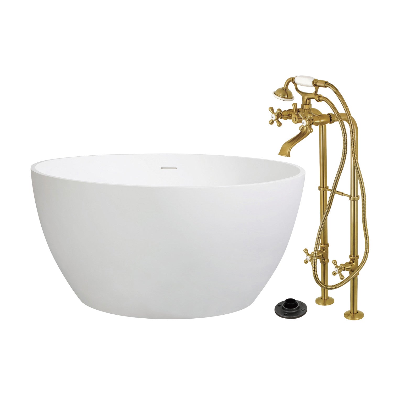 45 Inch Freestanding Bathtub with Faucet - Solid Surface Round Double Ended Soaking Tub - Brushed Brass Finish - Perfect for Luxury Bathrooms & Spa Retreats