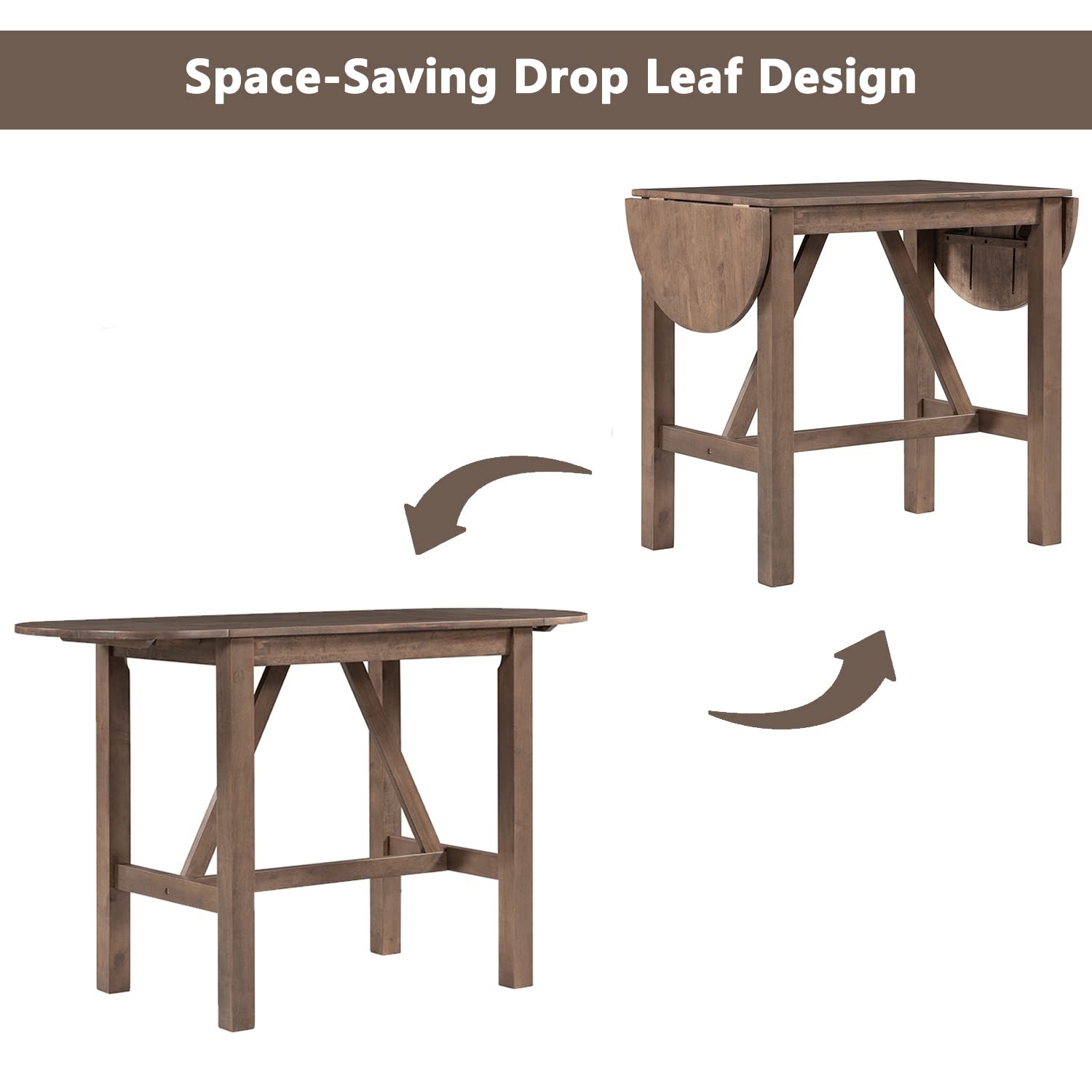 Farmhouse 3-Piece Counter Height Dining Table Set with 2 Upholstered Chairs & Extendable Drop Leaf - Solid Wood Kitchen Table for Small Spaces (Brown) - Perfect for Breakfast Nooks, Apartments & Cozy Dining Areas