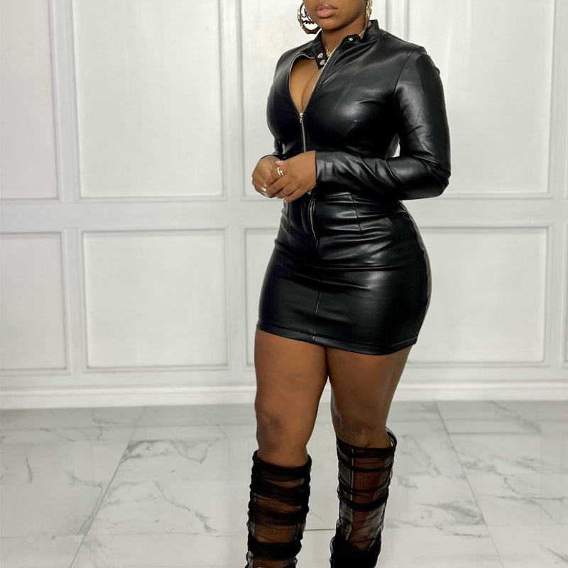 Stylish PU Leather Zipper Dress Two-Piece Set for Women | Trendy Outfit for Party, Date Night & Club Wear | Fashionable Faux Leather Skirt and Top Combo