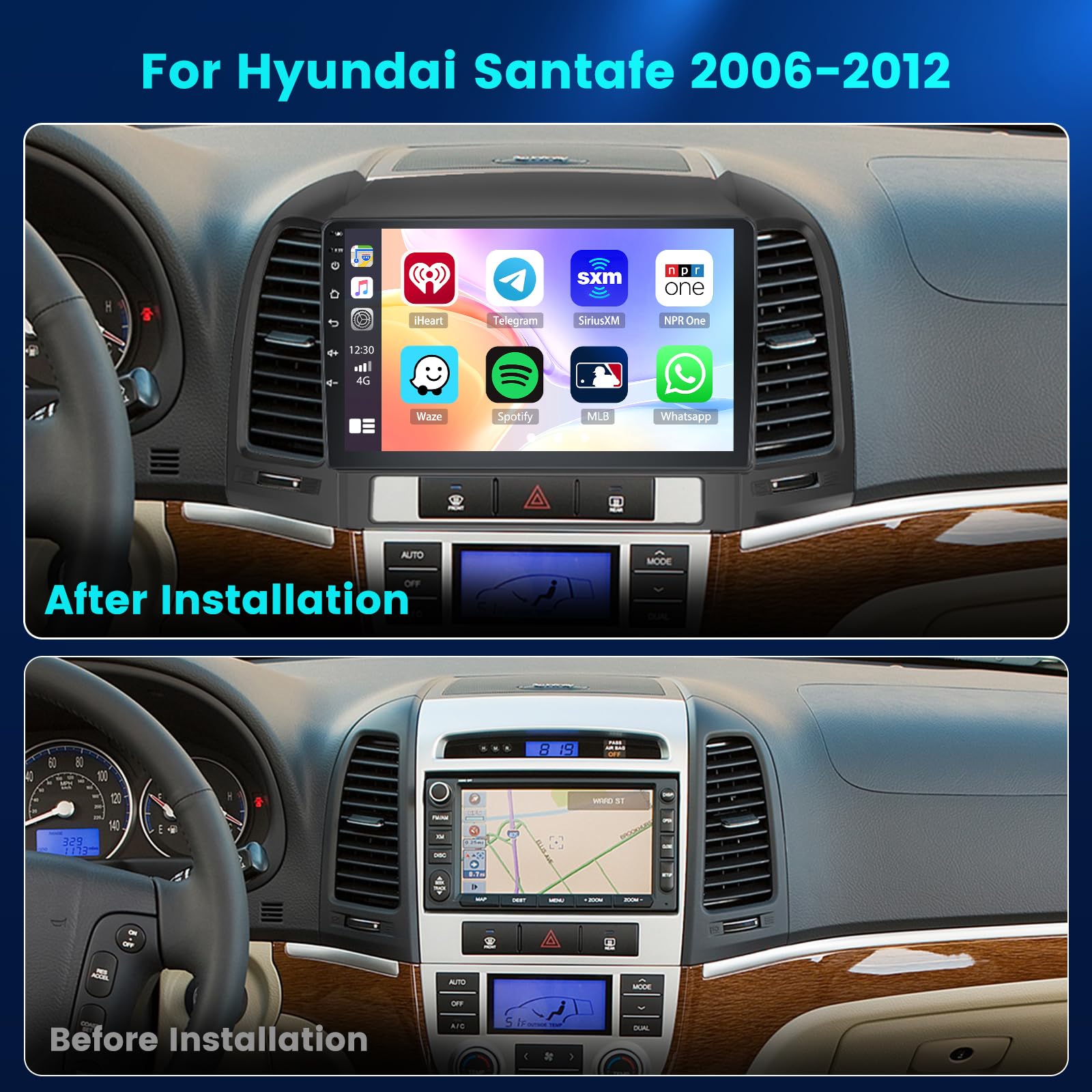 Hikity 9 Inch Android 13 Car Stereo with Wireless Apple CarPlay & Android Auto for 2006-2012 Hyundai Santa Fe - Bluetooth, GPS, WiFi, Touch Screen, Backup Camera, FM RDS, Mirror Link, EQ, SWC | Perfect for Hands-Free Calling, Navigation & Entertainment While Driving