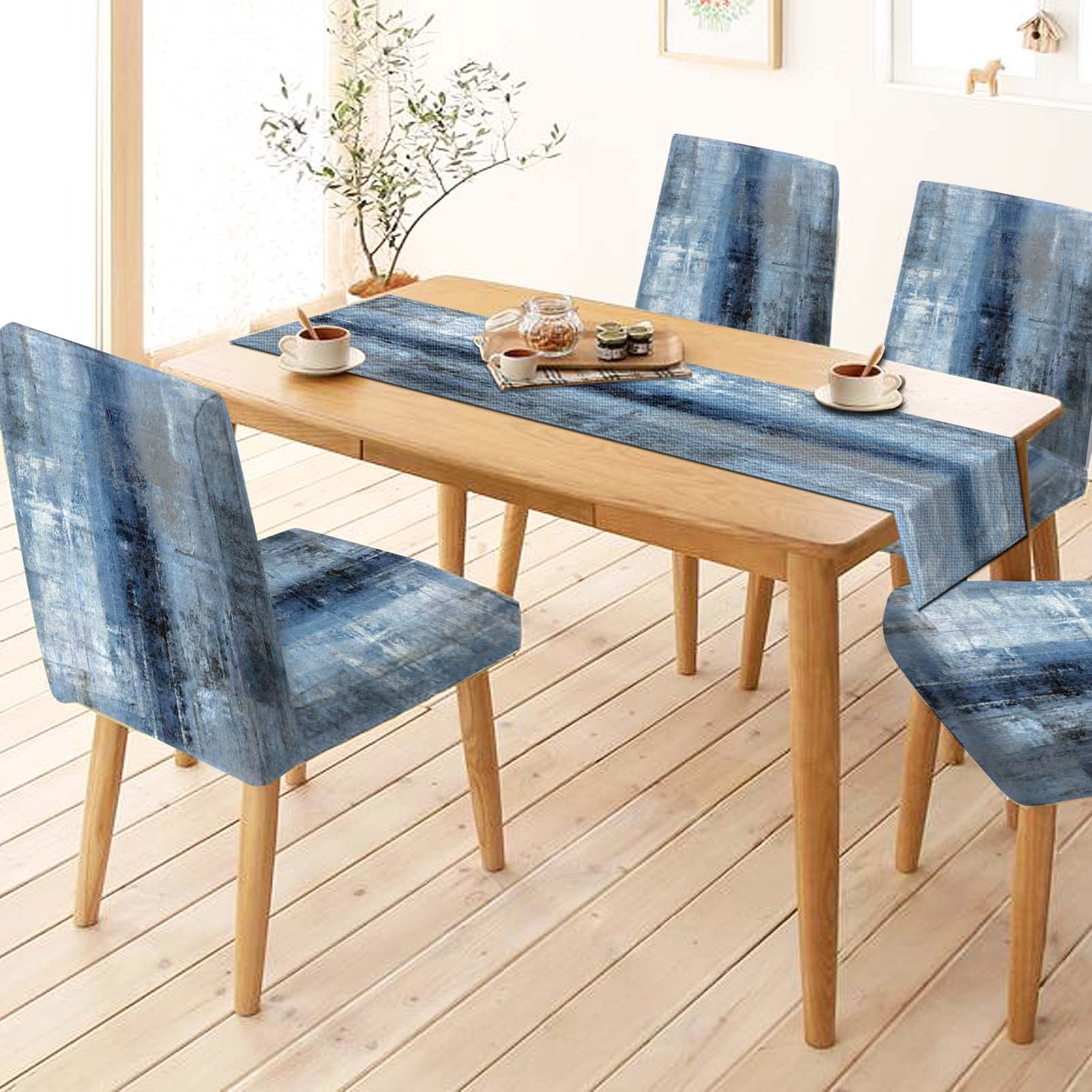 MCALK Dark Blue Stretch Chair Covers Set of 4 with Table Runner - Washable Dining Room Chair Slipcovers for Kitchen & Home - Modern Elastic Chair Protectors for Parties, Weddings & Everyday Use