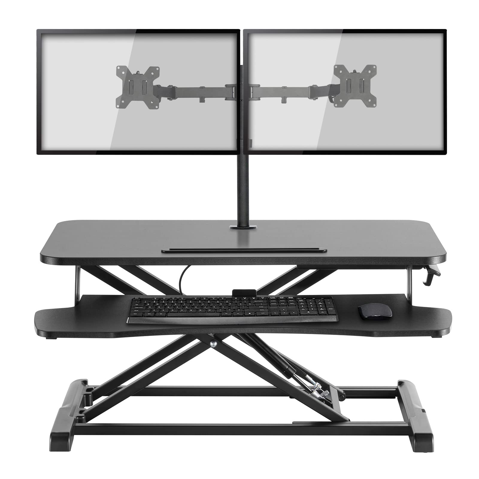 PrimeCables 31.5-inch Height Adjustable Standing Desk Converter with Removable Keyboard Tray - Ergonomic Monitor Riser with Notebook Slot for Home Office & Workspace - Perfect for Remote Work, Gaming Setup and Computer Workstations