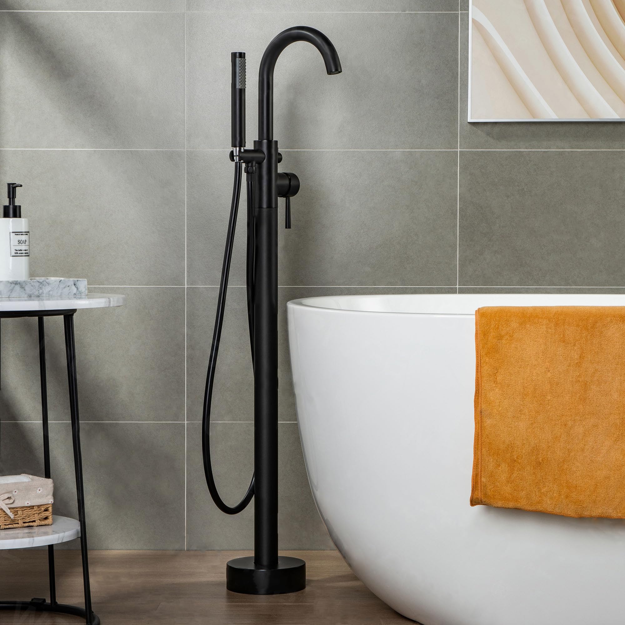 WOODBRIDGE F0006BL Matte Black Freestanding Tub Filler Faucet with Hand Shower - Contemporary Single Handle Floor Mount Bathtub Faucet for Modern Bathroom & Spa Relaxation